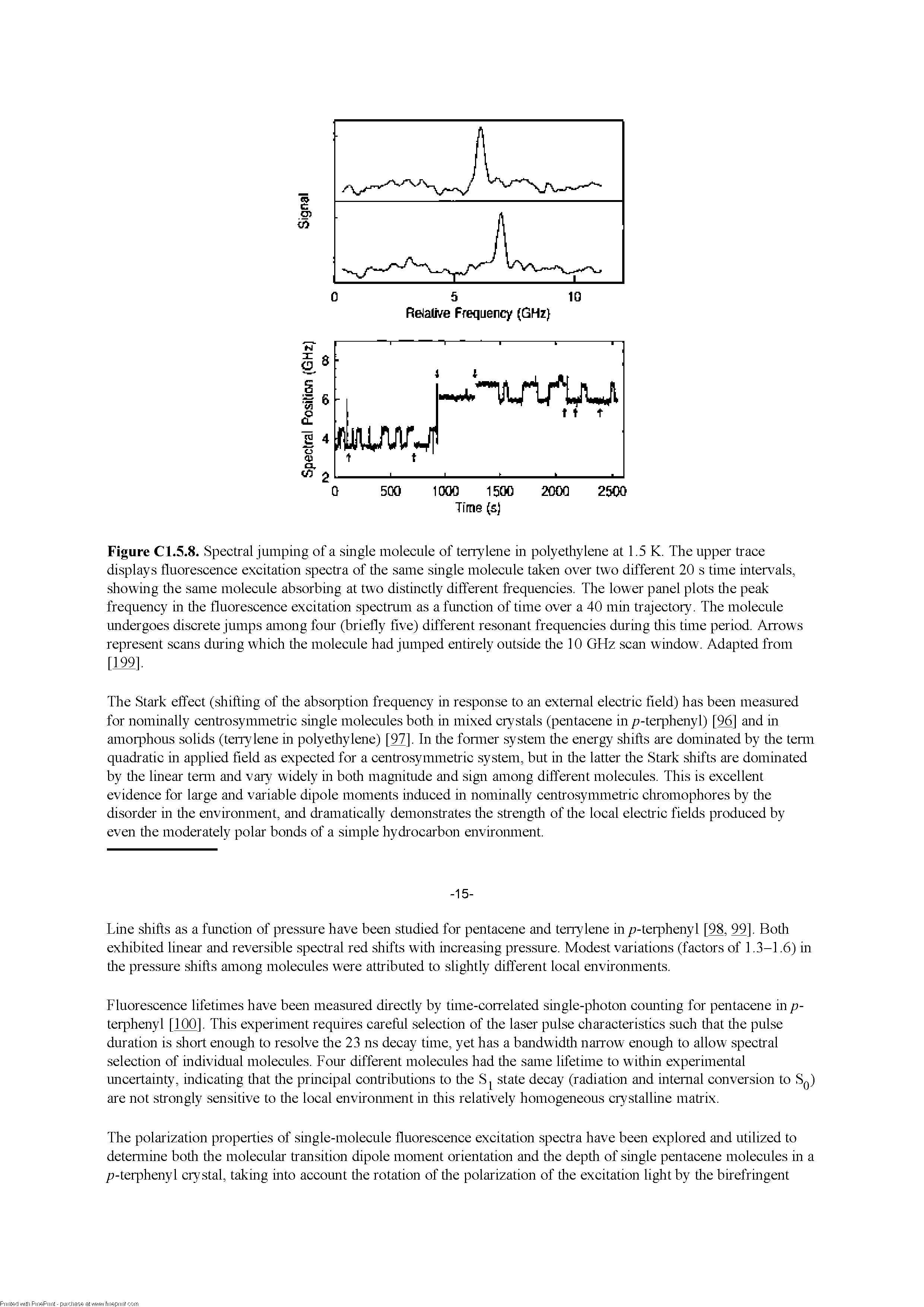 Figure Cl.5.8. Spectral jumping of a single molecule of terrylene in polyethylene at 1.5 K. The upper trace displays fluorescence excitation spectra of tire same single molecule taken over two different 20 s time intervals, showing tire same molecule absorbing at two distinctly different frequencies. The lower panel plots tire peak frequency in tire fluorescence excitation spectmm as a function of time over a 40 min trajectory. The molecule undergoes discrete jumps among four (briefly five) different resonant frequencies during tliis time period. Arrows represent scans during which tire molecule had jumped entirely outside tire 10 GHz scan window. Adapted from...