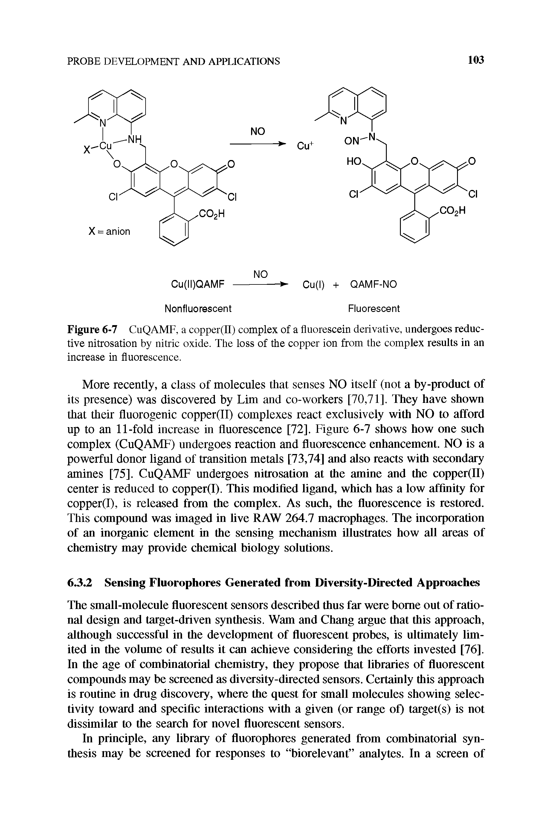 Figure 6-7 CuQAMF, a copper(II) complex of a fluorescein derivative, undergoes reductive nitrosation by nitric oxide. The loss of the copper ion from the complex results in an increase in fluorescence.