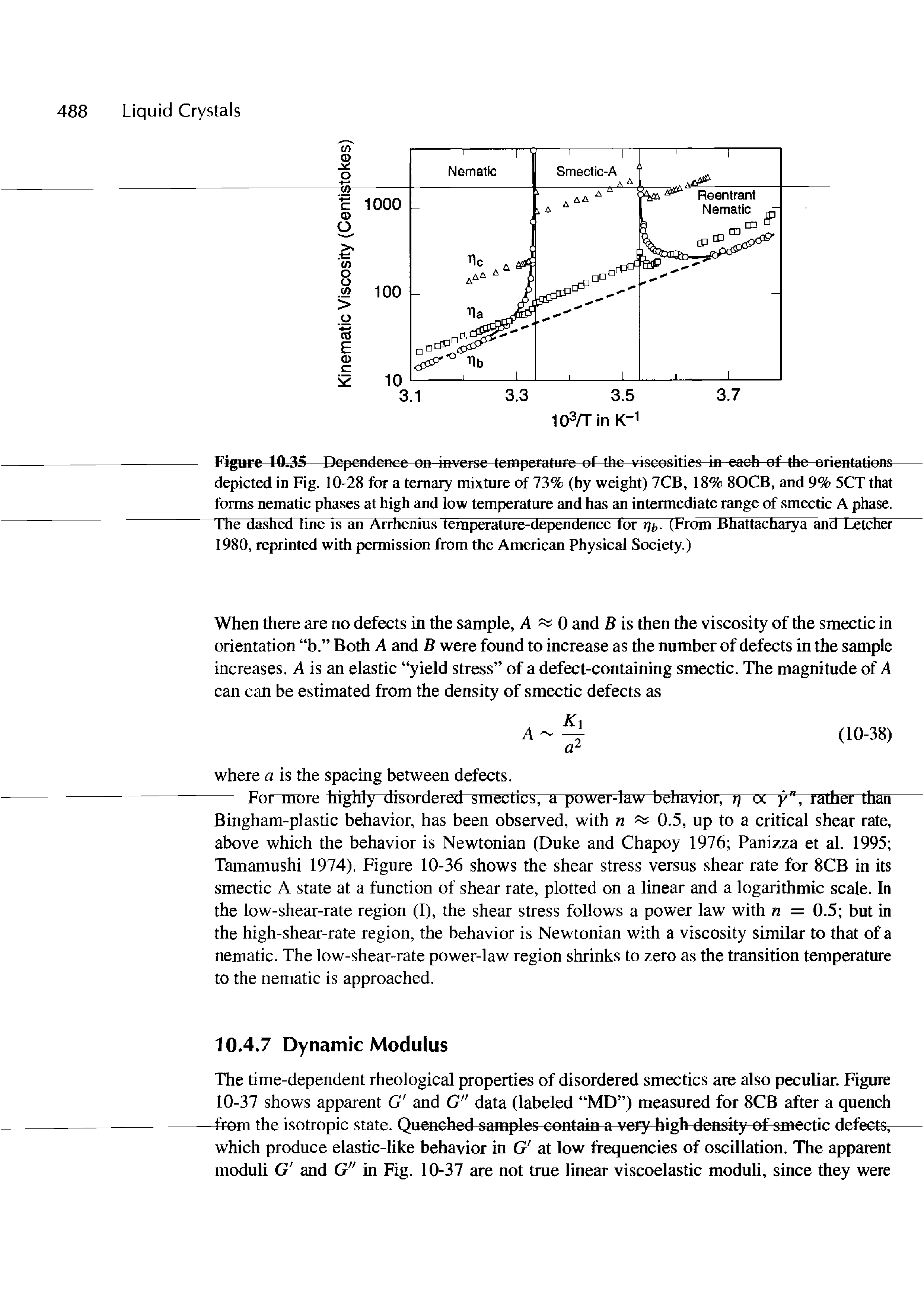 Figure 10.35 Dependence on inverse temperature of the viscosities in each of the orientations depicted in Fig. 10-28 for a ternary mixture of 73% (by weight) 7CB, 18% 80CB, and 9% 5CT that forms nematic phases at high and low temperature and has an intermediate range of smectic A phase. Ihe dashed line is an Arrhenius temperature-dependence for (From Bhattacharya and Letcher 1980, reprinted with permission from the American Physical Society.)...