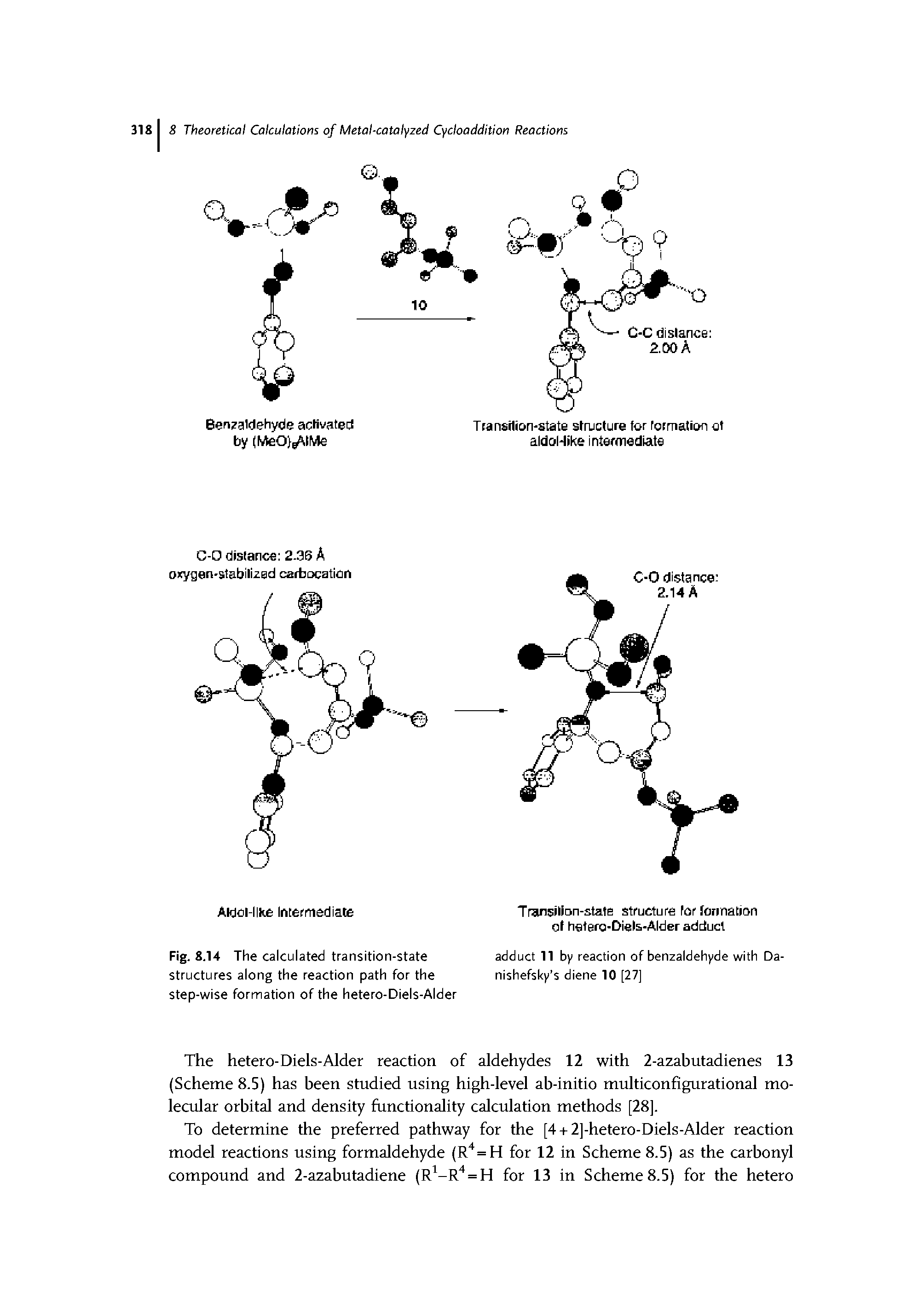 Fig. 8.14 The calculated transition-state structures along the reaction path for the step-wise formation of the hetero-Diels-Alder...