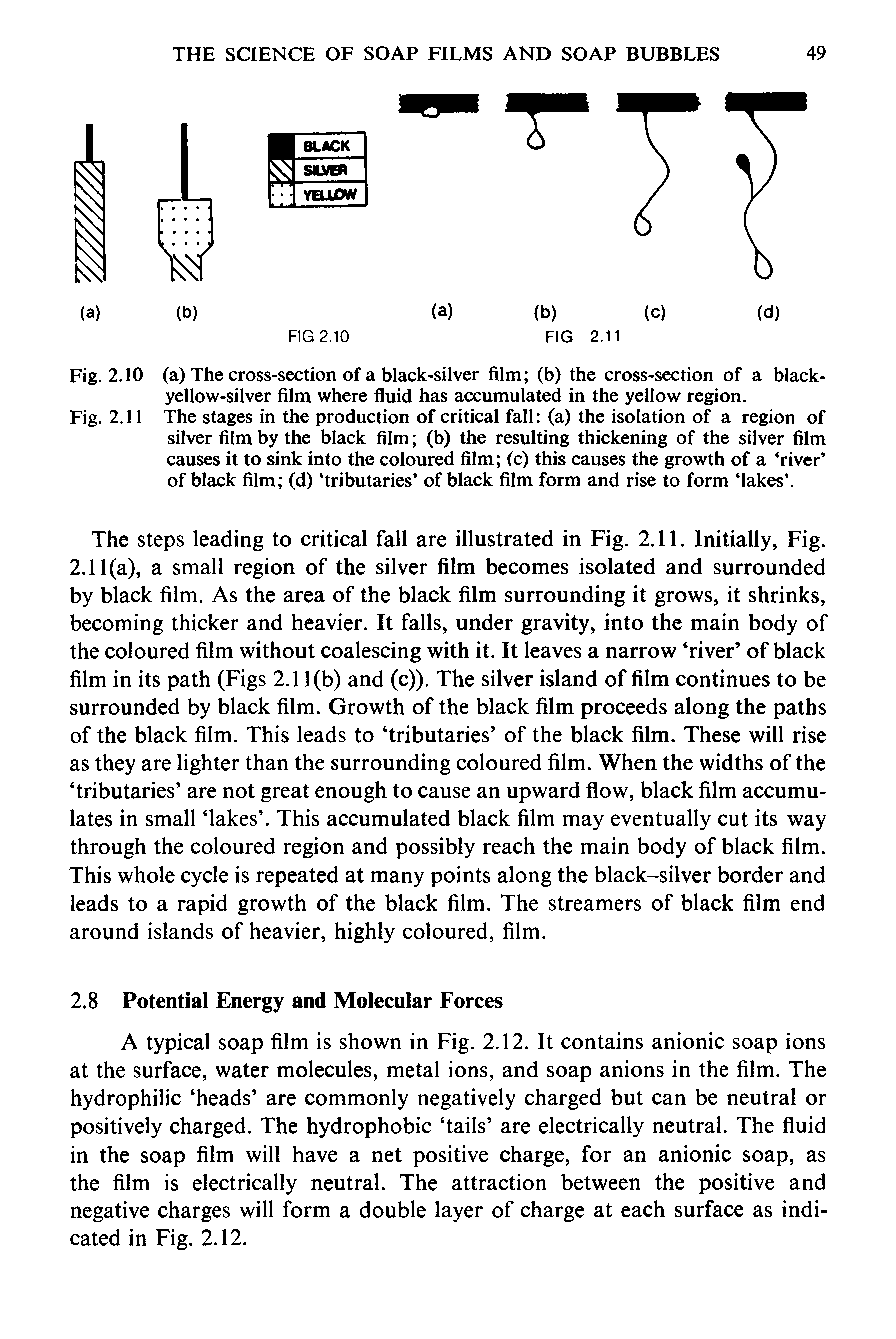 Fig. 2.11 The stages in the production of critical fall (a) the isolation of a region of silver film by the black film (b) the resulting thickening of the silver film causes it to sink into the coloured film (c) this causes the growth of a river of black film (d) tributaries of black film form and rise to form lakes .