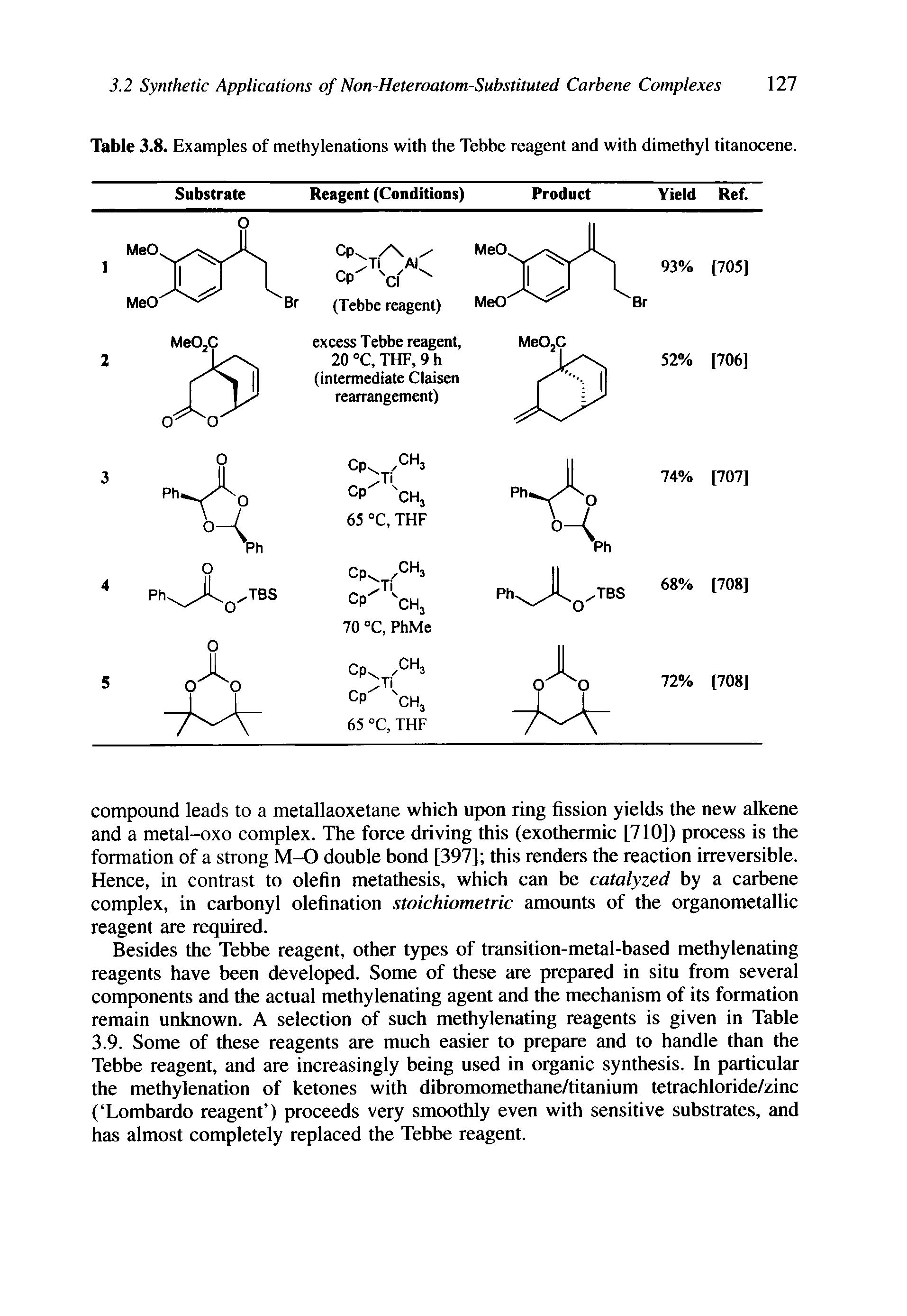 Table 3.8. Examples of methylenations with the Tebbe reagent and with dimethyl titanocene.