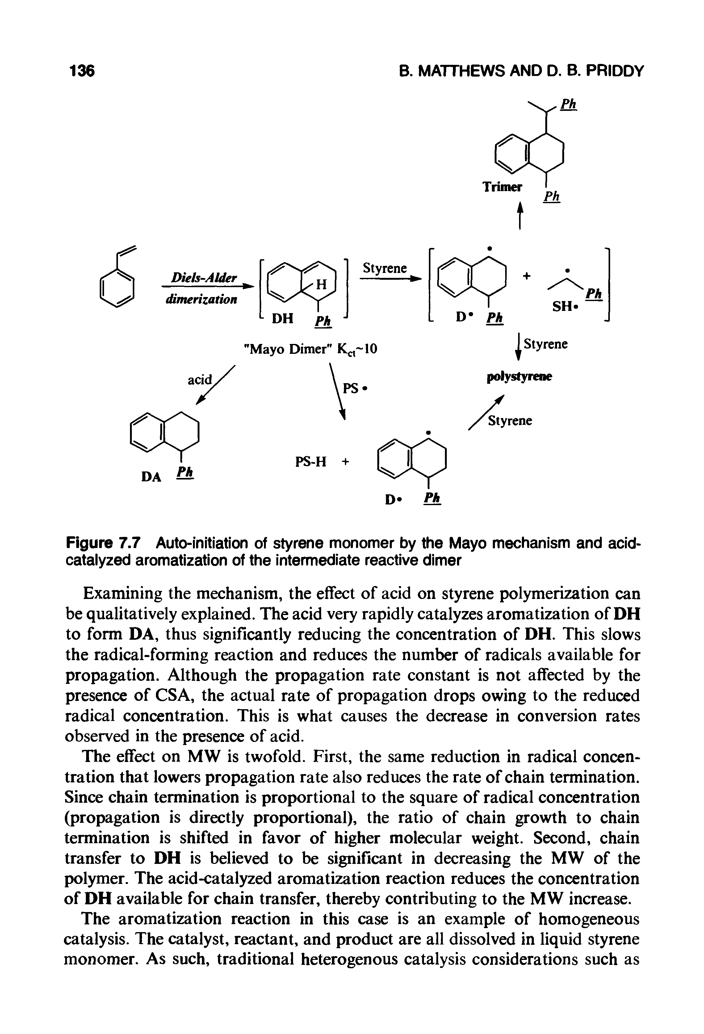 Figure 7.7 Auto-initiation of styrene monomer by the Mayo mechanism and acid-catalyzed aromatization of the intermediate reactive dimer...