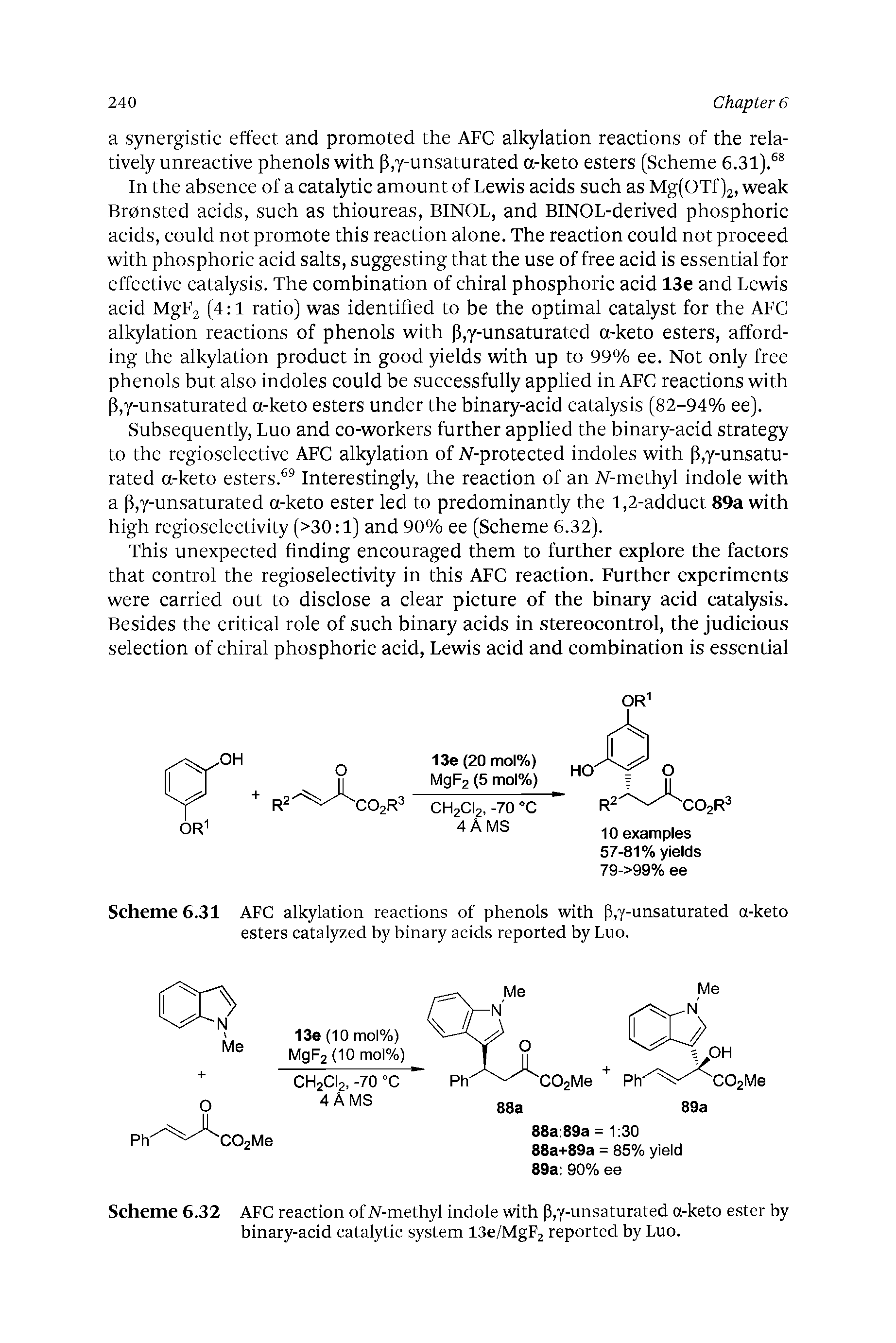 Scheme 6.31 AFC alkylation reactions of phenols with p,y-unsaturated a-keto esters catalyzed by binary acids reported by Luo.