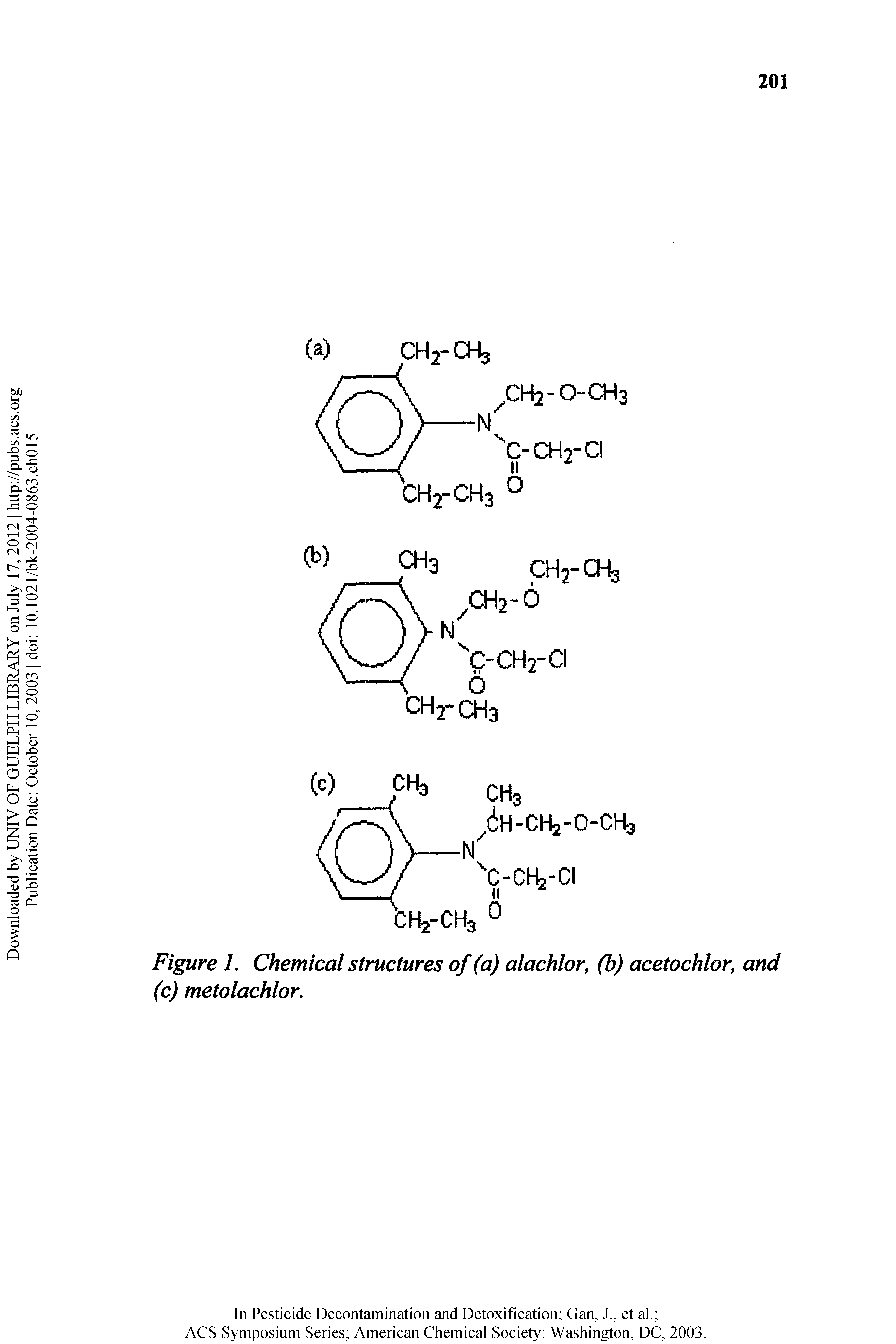 Figure 1. Chemical structures of (a) alachlor, (b) acetochlor, and (c) metolachlor.