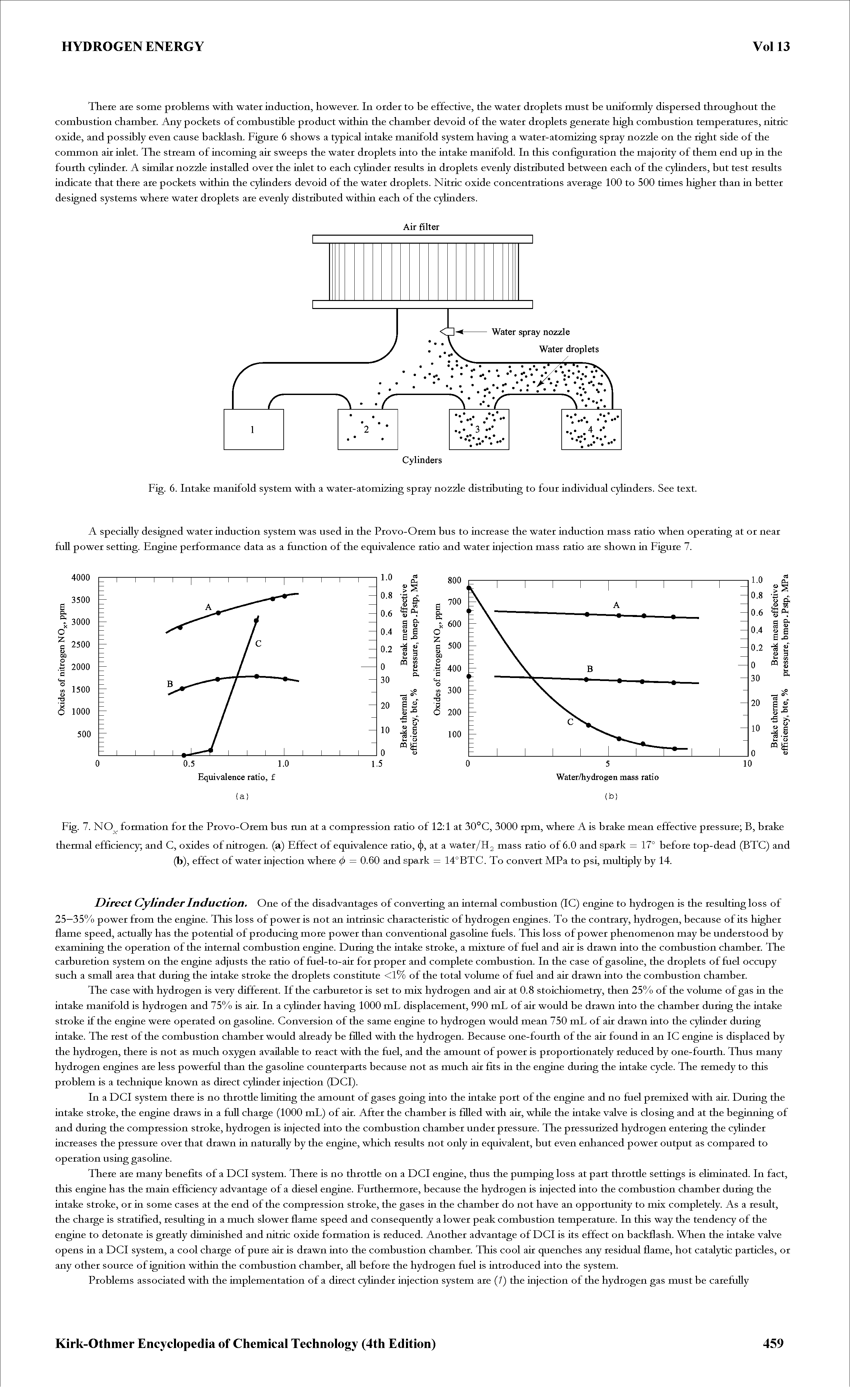 Fig. 7. NO formation for the Provo-Orem bus mn at a compression ratio of 12 1 at 30°C, 3000 rpm, where A is brake mean effective pressure B, brake thermal efficiency and C, oxides of nitrogen, (a) Effect of equivalence ratio, ( ), at a water/H2 mass ratio of 6.0 and spark = 17° before top-dead (BTC) and (b), effect of water injection where (j) = 0.60 and spark = 14°BTC. To convert MPa to psi, multiply by 14.