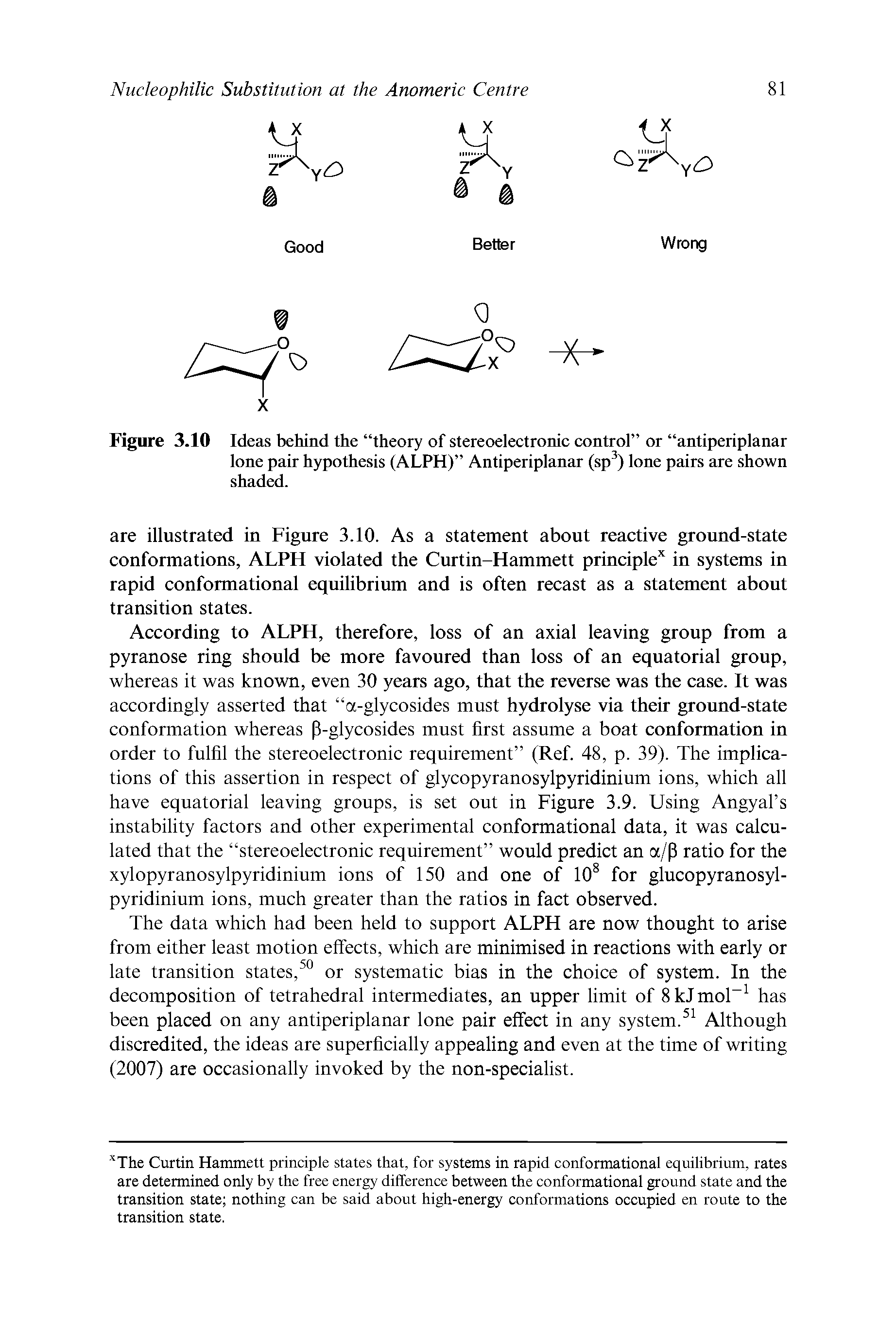 Figure 3.10 Ideas behind the theory of stereoelectronic control or antiperiplanar lone pair hypothesis (ALPH) Antiperiplanar (sp ) lone pairs are shown shaded.