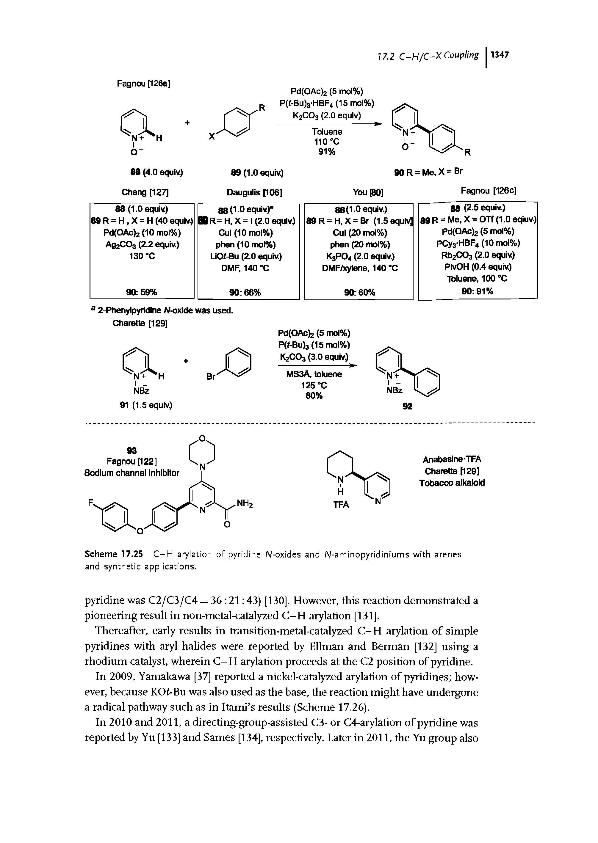 Scheme 17.25 C-H a7lation of pyridine N-oxides and N-aminopyridiniums with arenes and synthetic applications.