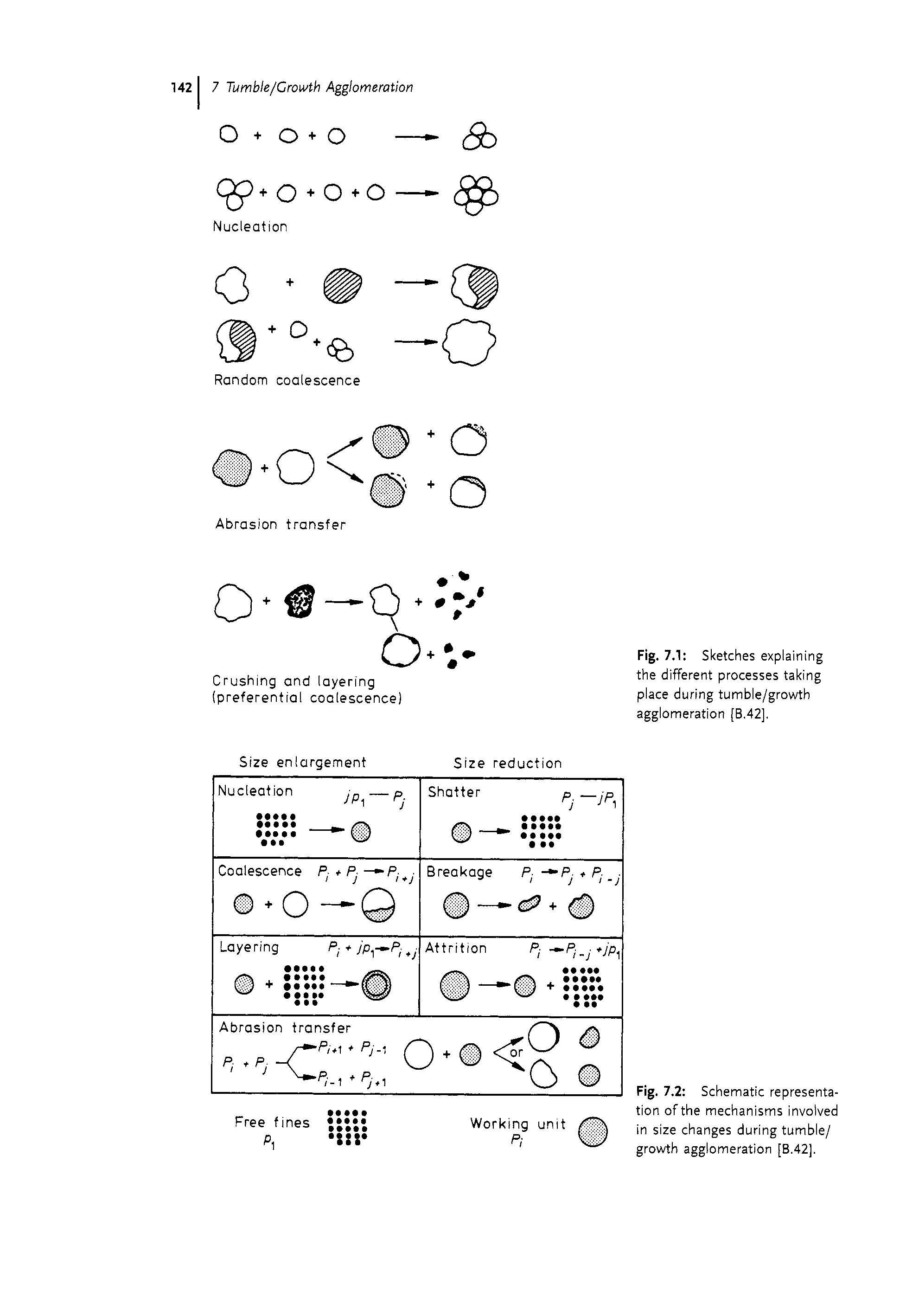 Fig. 7.1 Sketches explaining the different processes taking place during tumble/growth agglomeration [B.42],...