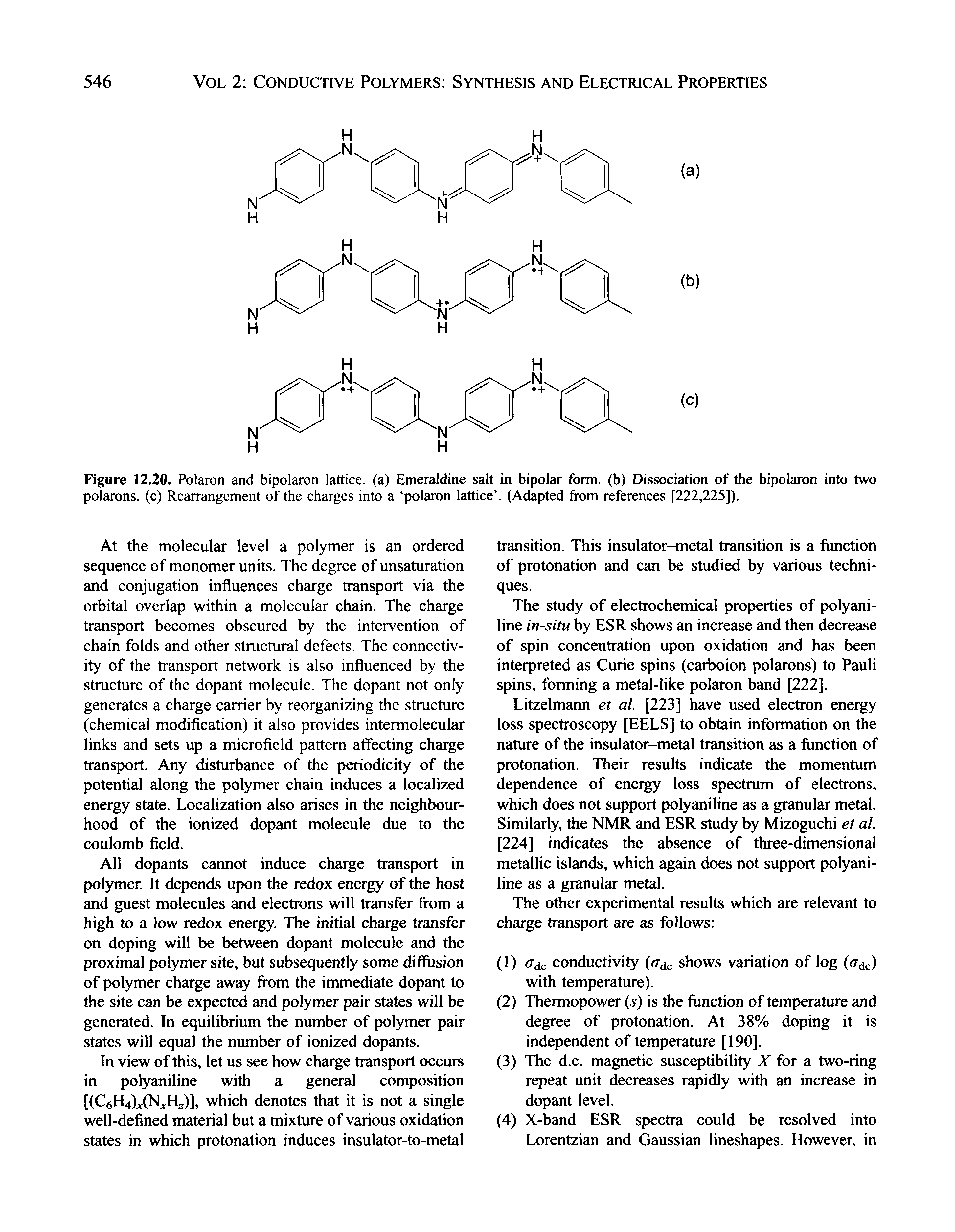 Figure 12.20. Polaron and bipolaron lattice, (a) Emeraldine salt in bipolar form, (b) Dissociation of the bipolaron into two polarons. (c) Rearrangement of the charges into a polaron lattice . (Adapted from references [222,225]).