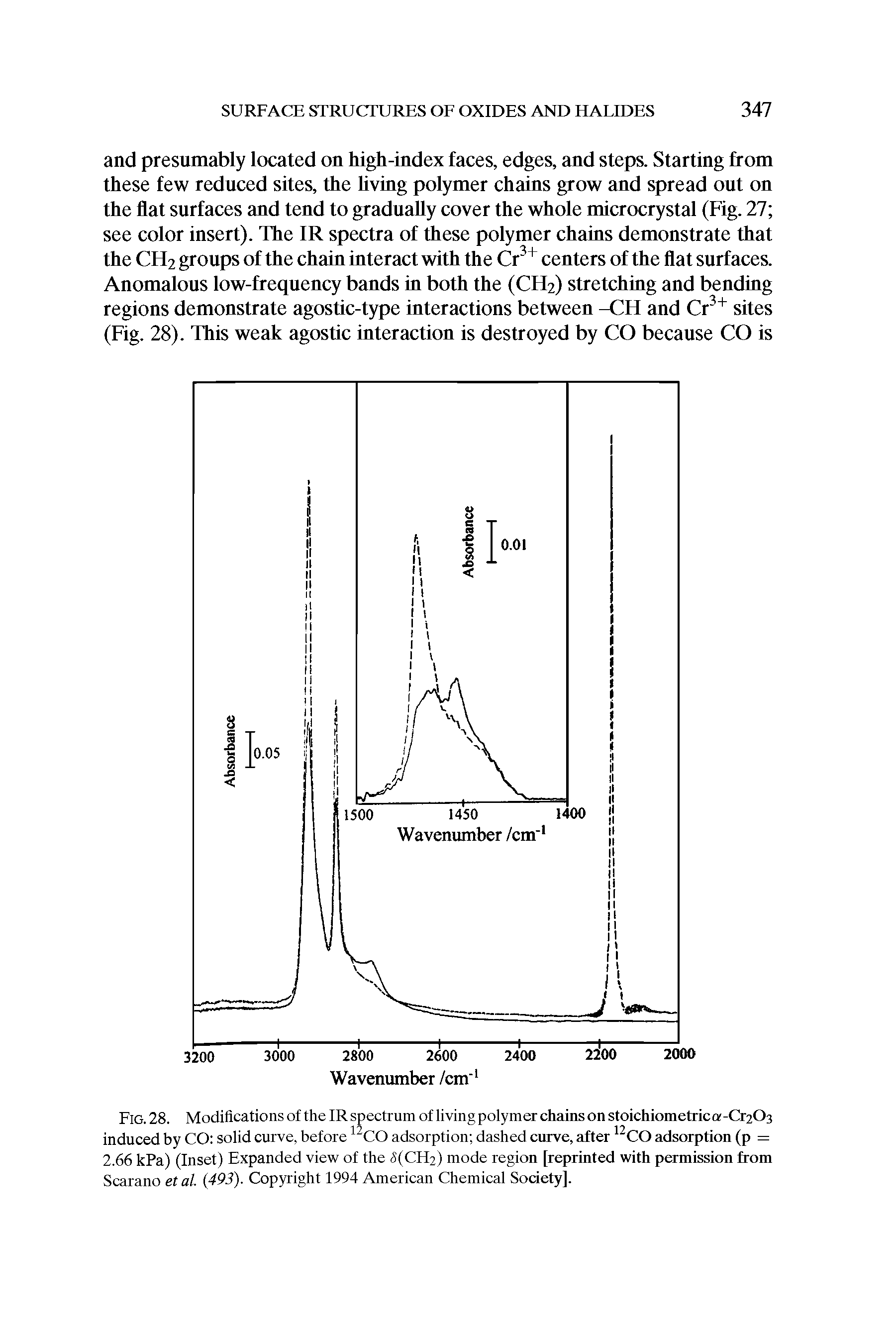 Fig. 28. Modifications of the IR spectrum of living polymer chains on stoichiometric a-Cr203 induced by CO solid curve, before 12CO adsorption dashed curve, after 12CO adsorption (p = 2.66 kPa) (Inset) Expanded view of the <S(CH2) mode region [reprinted with permission from Scarano et al. (493). Copyright 1994 American Chemical Society].