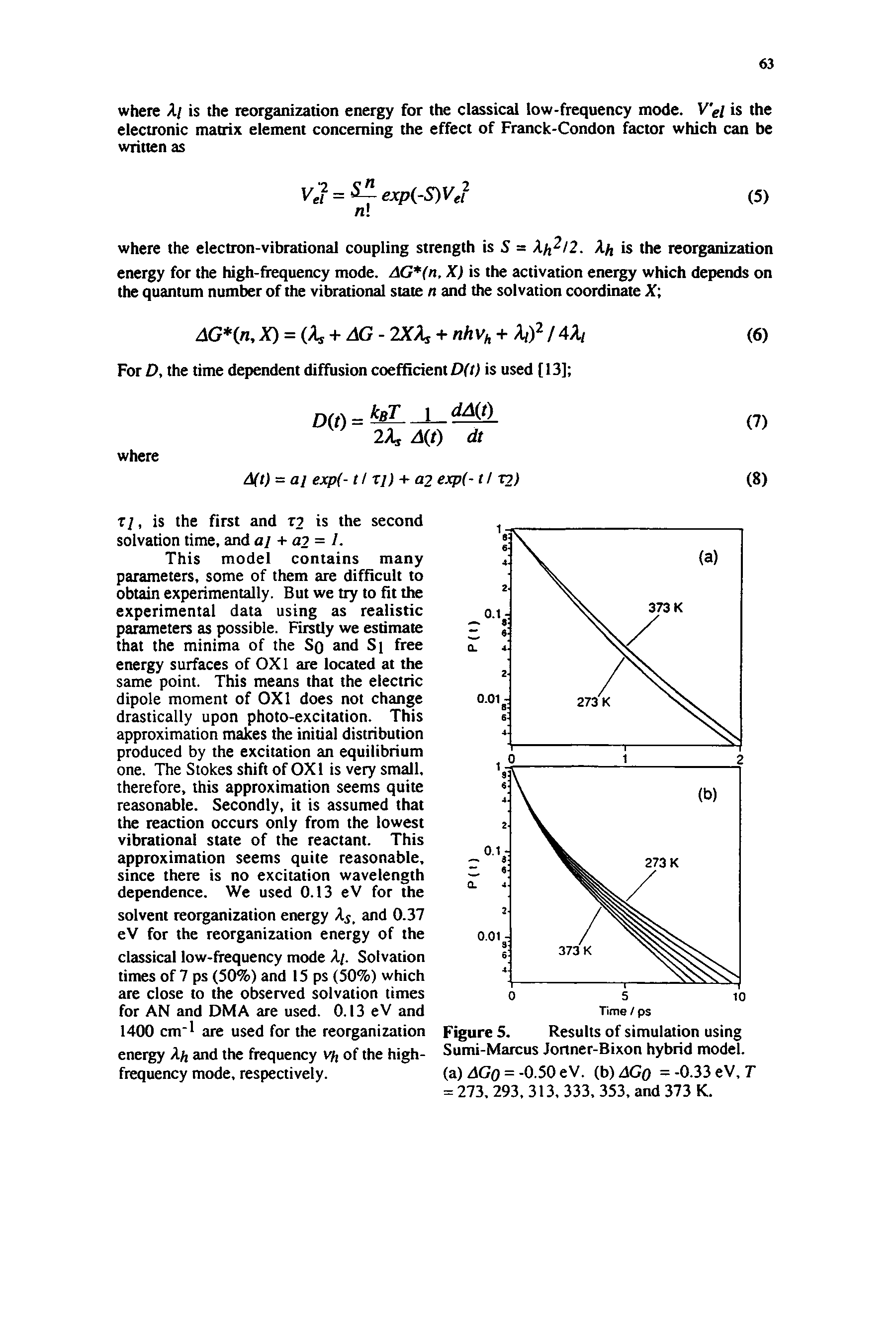 Figure 5. Results of simulation using Sumi-Marcus Jortner-Bixon hybrid model, (a) AGO = -0.50 eV. (b) AGq = -0.33 eV, T = 273. 293. 313, 333, 353, and 373 K.