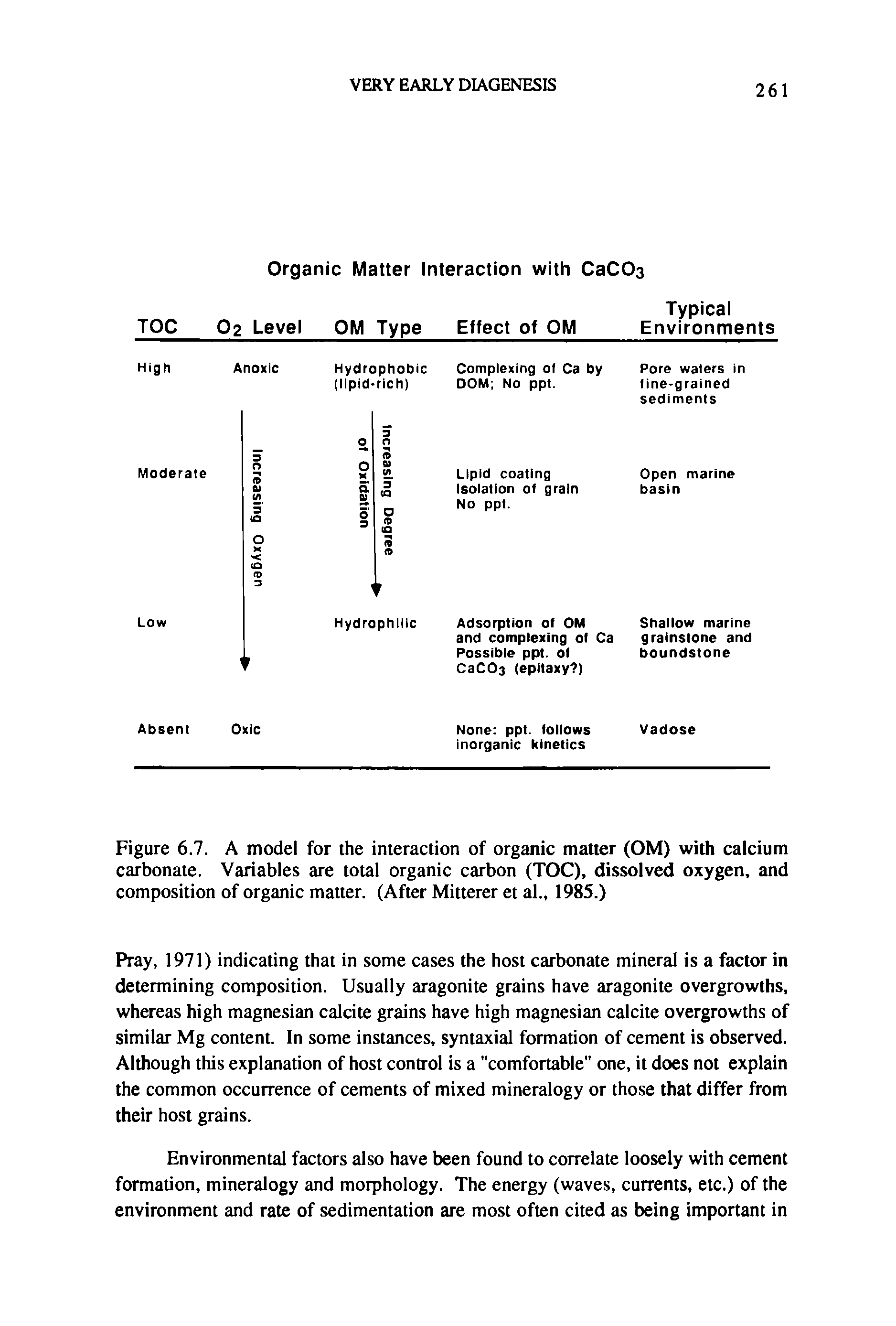 Figure 6.7. A model for the interaction of organic matter (OM) with calcium carbonate. Variables are total organic carbon (TOC), dissolved oxygen, and composition of organic matter. (After Mitterer et al 1985.)...