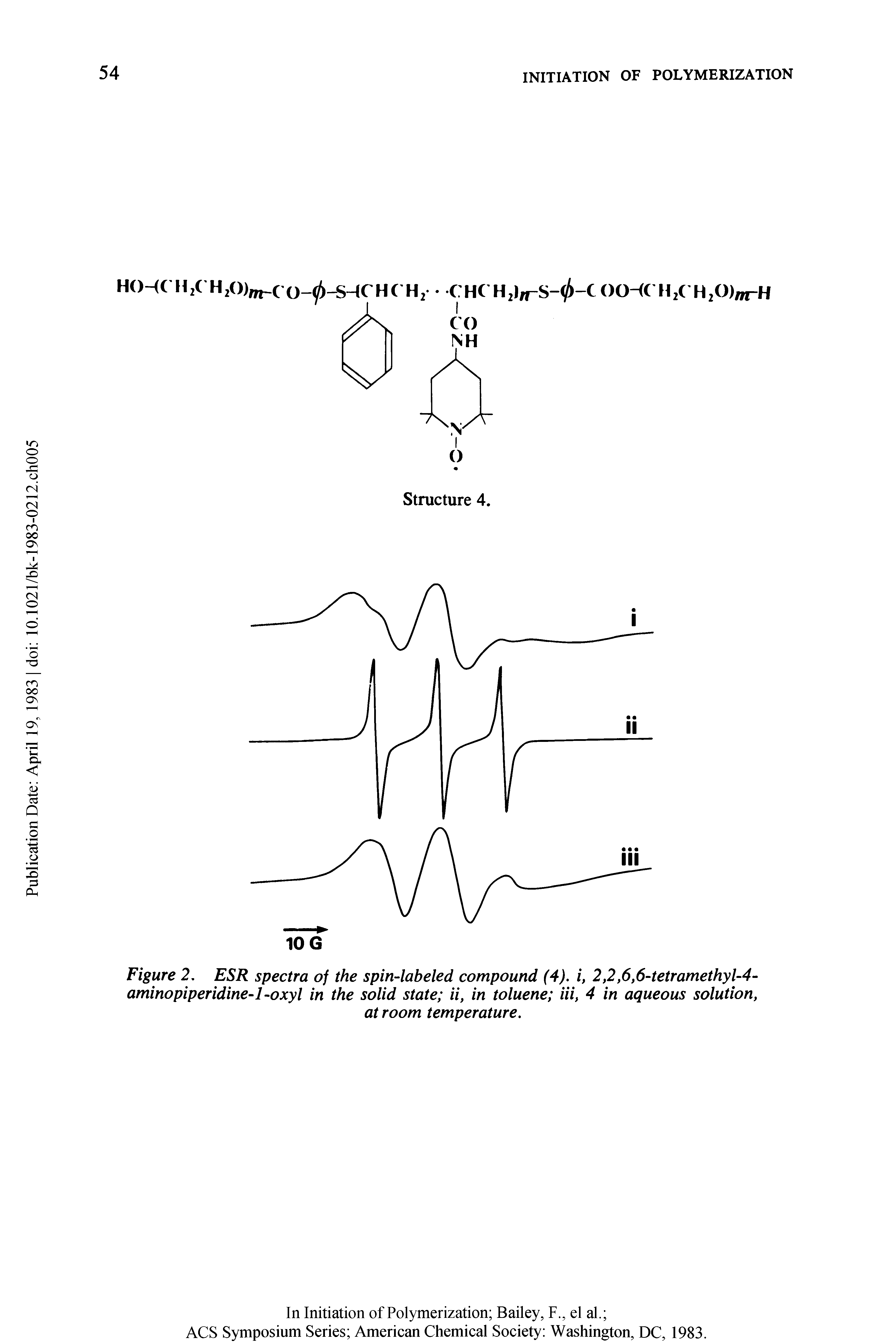 Figure 2, ESR spectra of the spin-labeled compound (4). i, 2,2,6,6-tetramethyl-4-aminopiperidine-1 -oxyl in the solid state ii, in toluene Hi, 4 in aqueous solution,...
