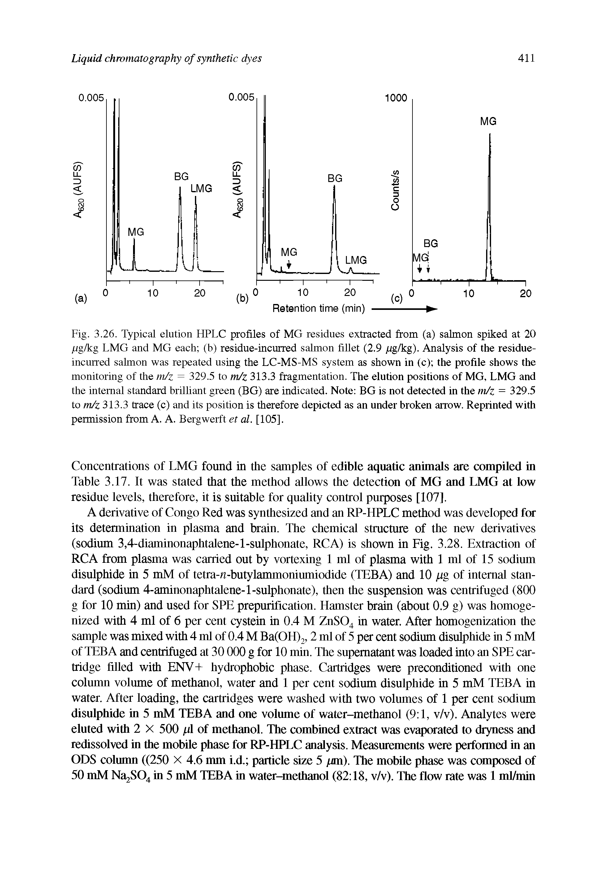 Fig. 3.26. Typical elution HPLC profiles of MG residues extracted from (a) salmon spiked at 20 pg/kg LMG and MG each (b) residue-incurred salmon fillet (2.9 pg/kg). Analysis of the residue-incurred salmon was repeated using the LC-MS-MS system as shown in (c) the profile shows the monitoring of the m/z = 329.5 to m/z 313.3 fragmentation. The elution positions of MG, LMG and the internal standard brilliant green (BG) are indicated. Note BG is not detected in the m/z = 329.5 to m/z 313.3 trace (c) and its position is therefore depicted as an under broken arrow. Reprinted with permission from A. A. Bergwerft et al. [105],...