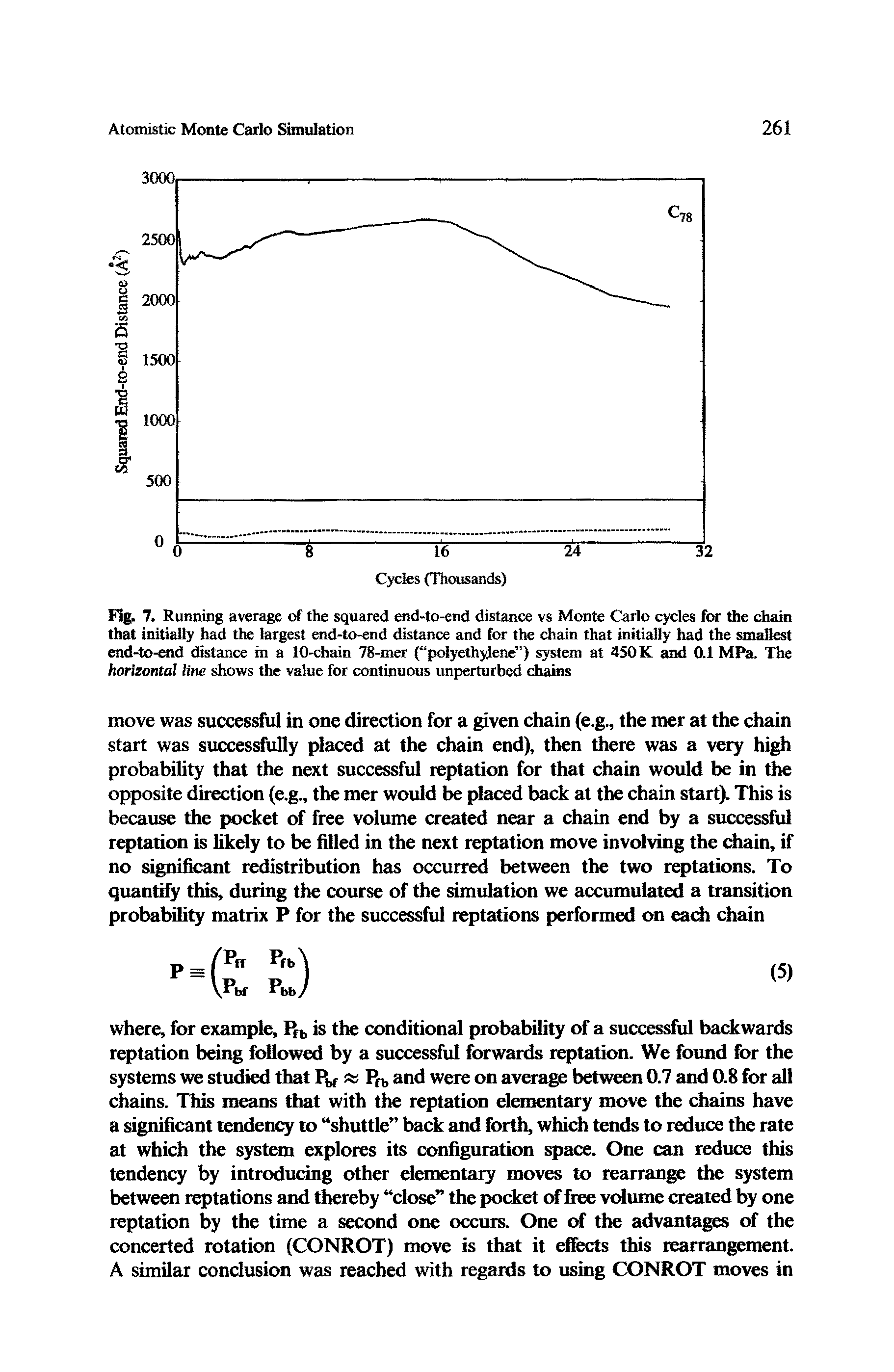 Fig. 7. Running average erf the squared end-to-end distance vs Monte Carlo c les for the chain that initially had the largest end-to-end distance and for the chain that initially had the smallest end-to-oid distance in a 10-chain 78-mer ( polyethylene ) system at 450K and Oil MPa. The horizontal line shows the value for continuous unperturbed chains...