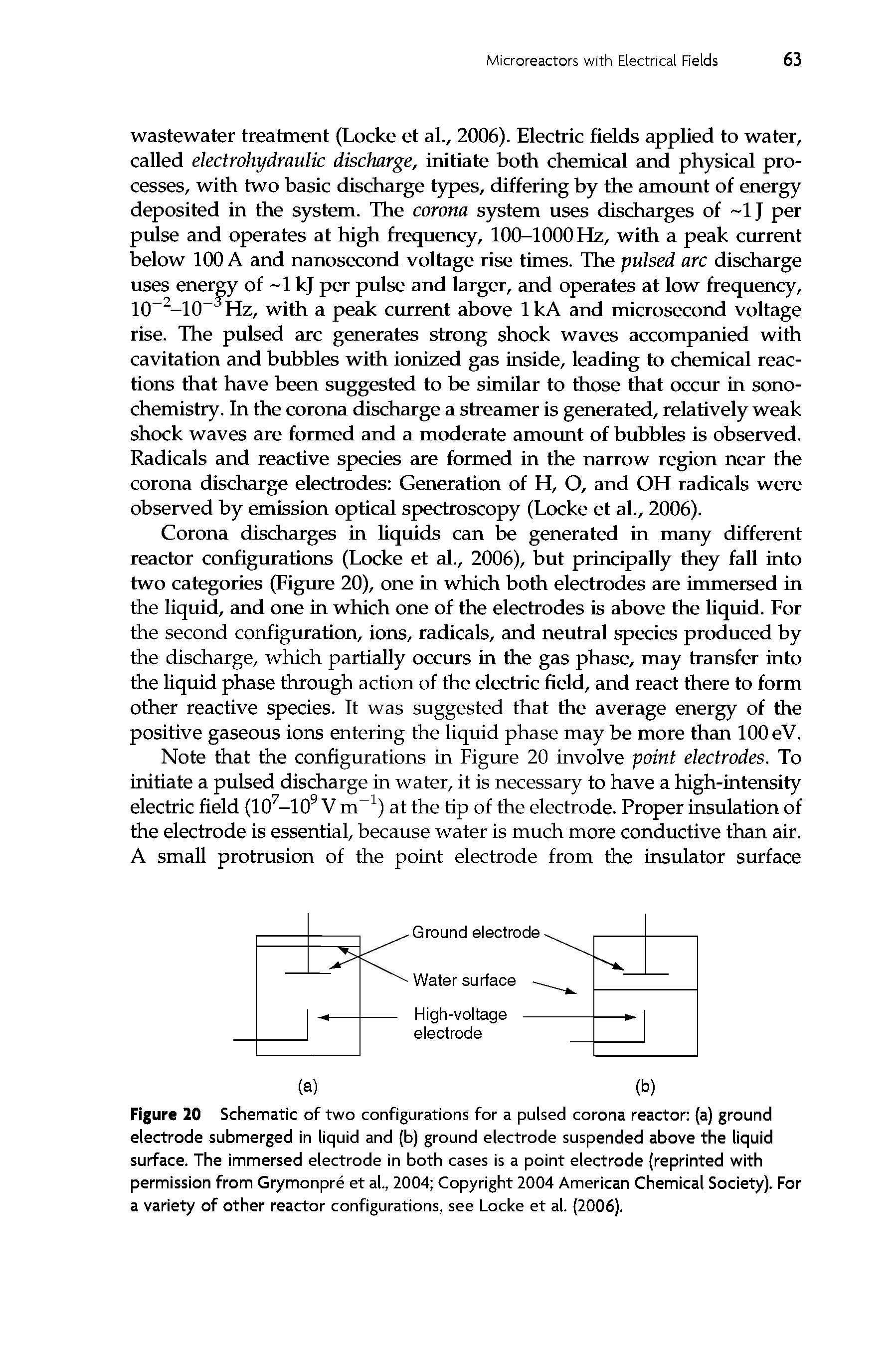 Figure 20 Schematic of two configurations for a pulsed corona reactor (a) ground electrode submerged in liquid and (b) ground electrode suspended above the liquid surface. The immersed electrode in both cases is a point electrode (reprinted with permission from Grymonpre et al, 2004 Copyright 2004 American Chemical Society). For a variety of other reactor configurations, see Locke et al. (2006).