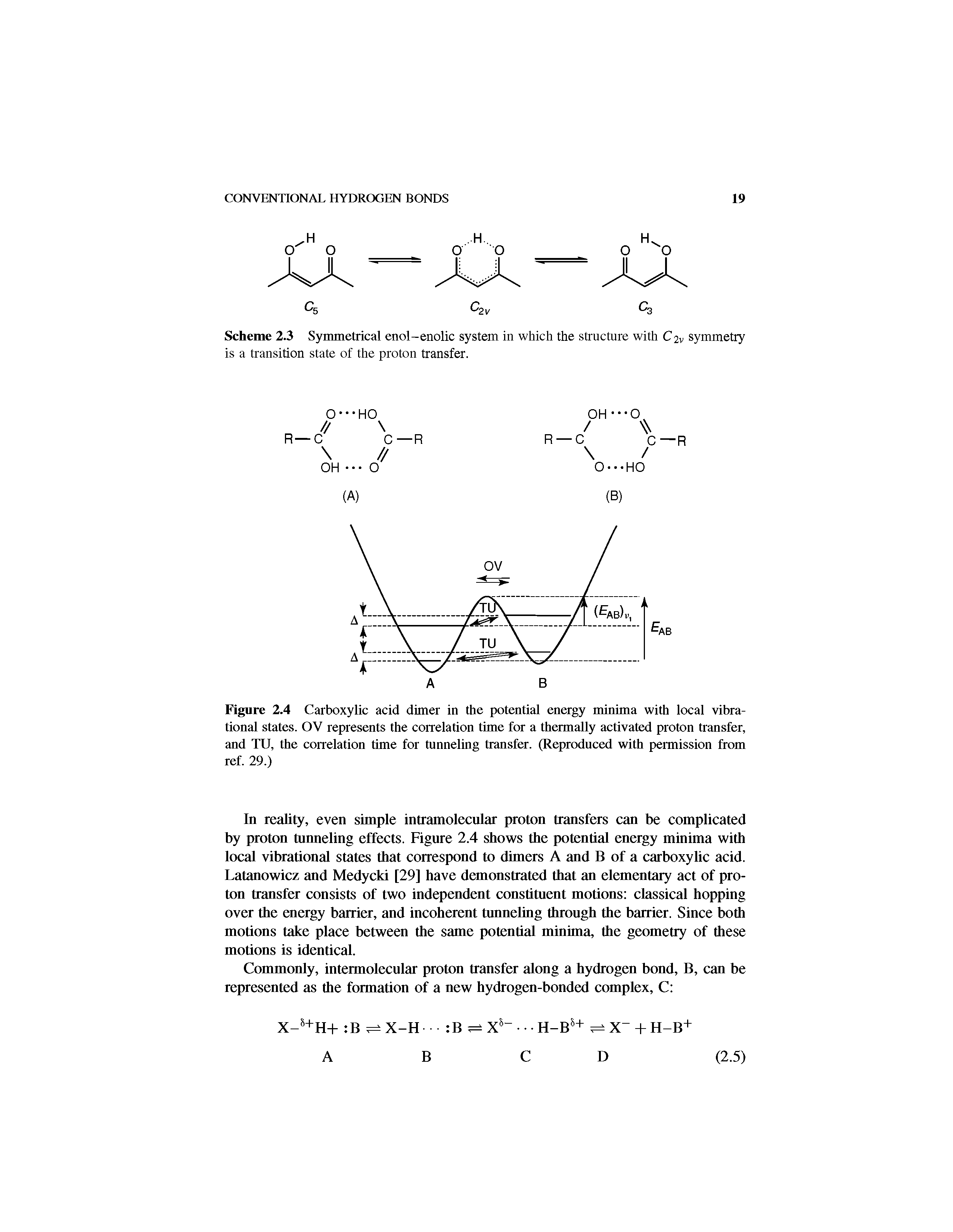 Figure 2.4 Carboxylic acid dimer in the potential energy minima with local vibrational states. OV represents the correlation time for a thermally activated proton transfer, and TU, the correlation time for tunneling transfer. (Reproduced with permission from ref. 29.)...