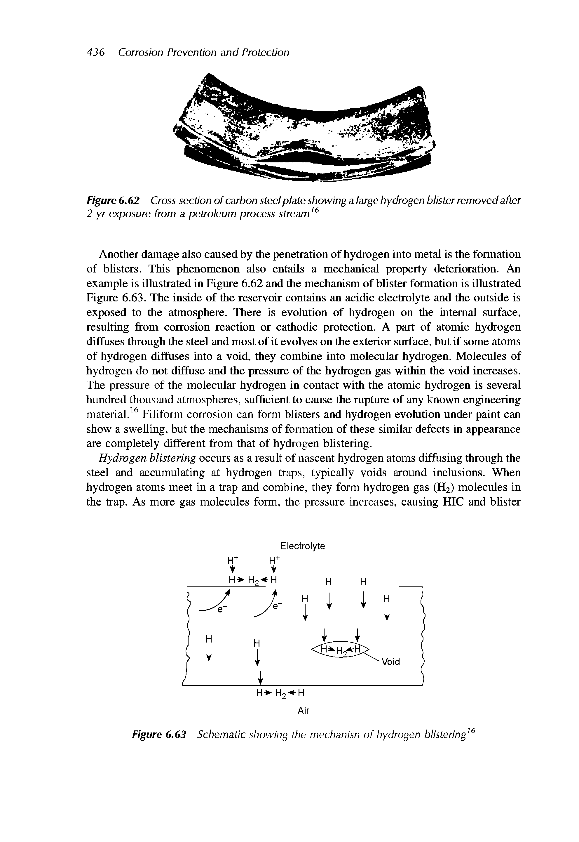 Figure 6.62 Cross-section of carbon steel plate showing a large hydrogen blister removed after 2 yr exposure from a petroleum process stream16...