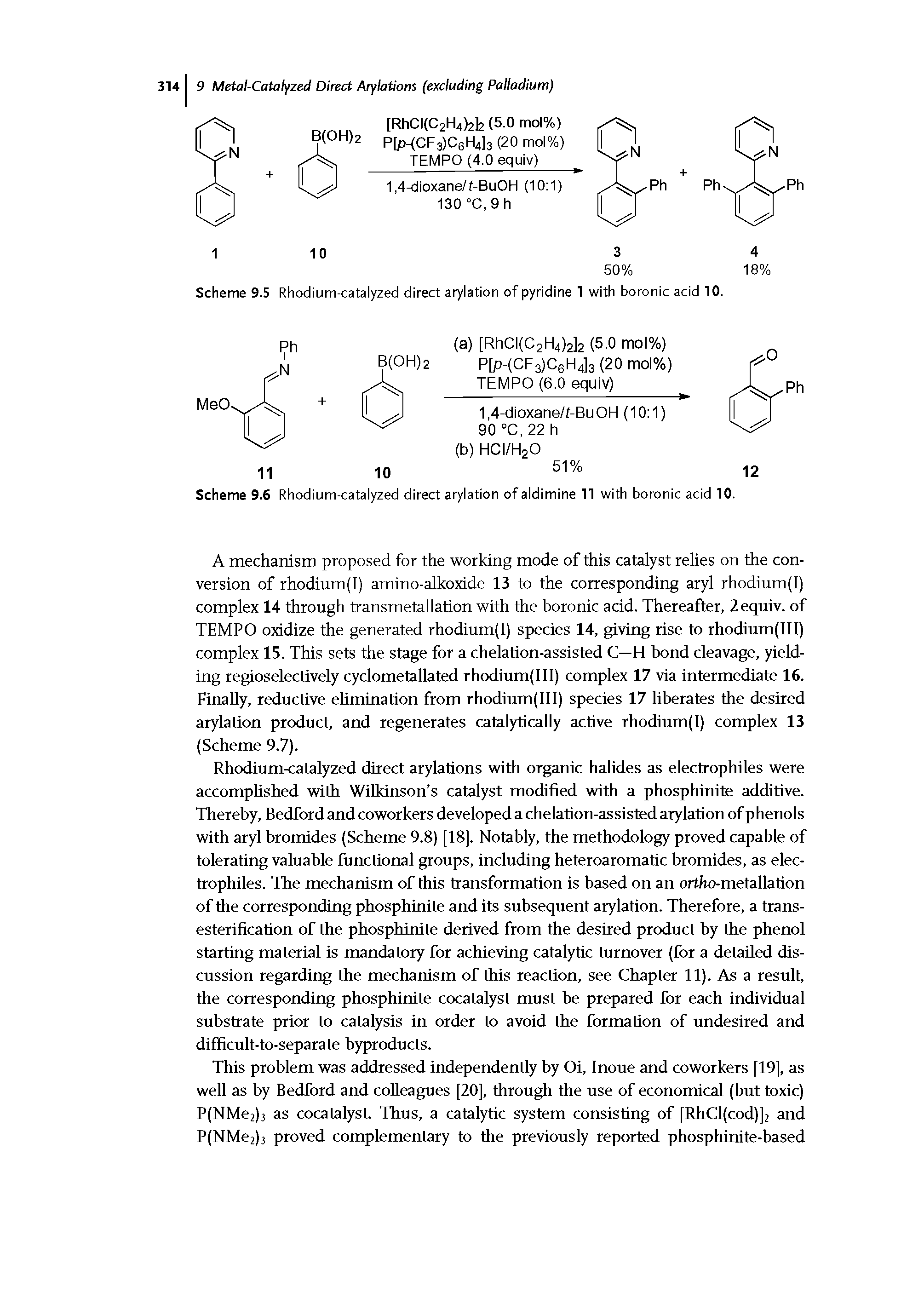 Scheme 9.5 Rhodium-catalyzed direct arylation of pyridine 1 with boronic acid 10.