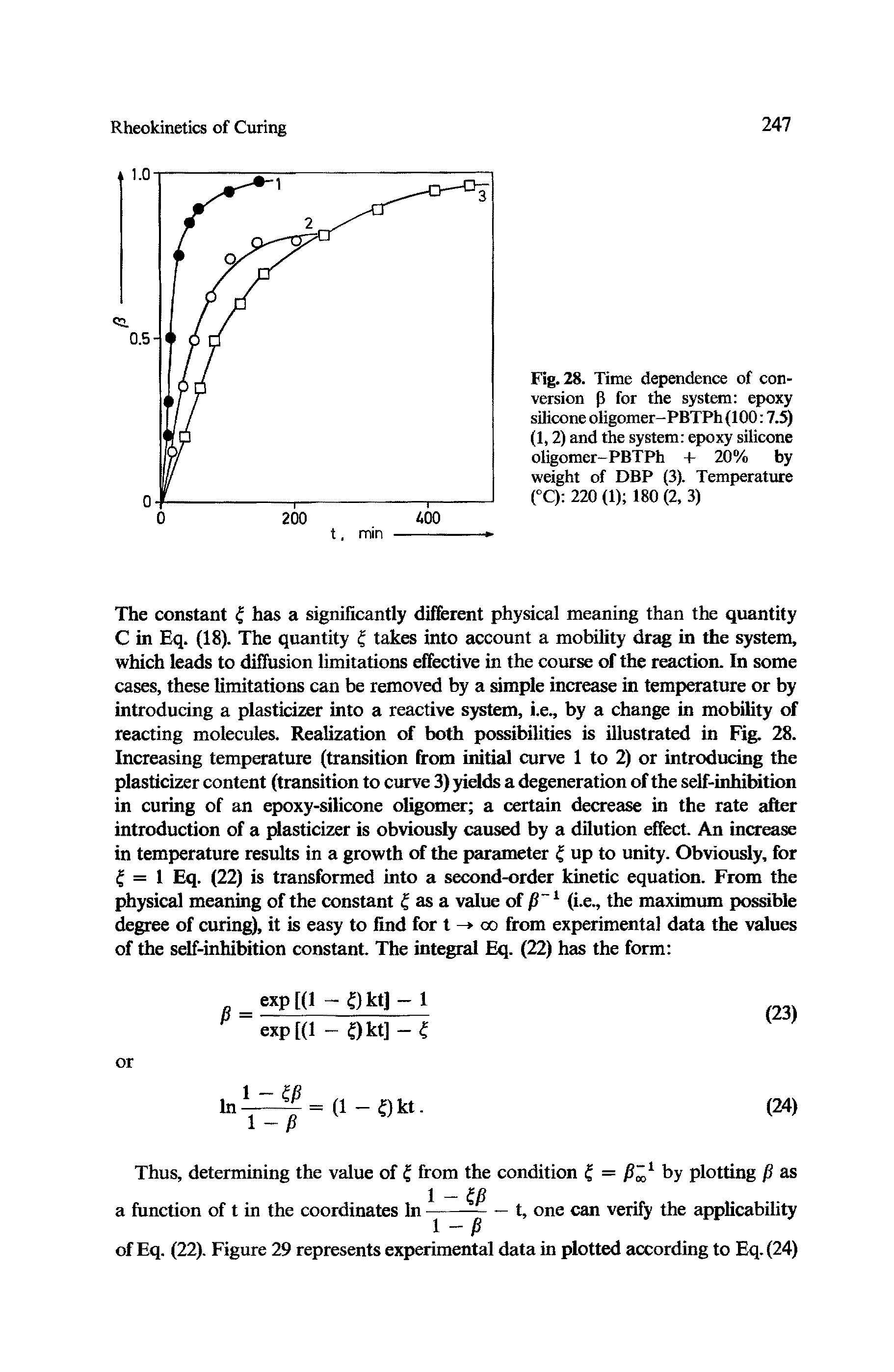 Fig. 28. Time dependence of conversion p for the system epoxy silicone oligomer-PBTPh (100 7.5) (1,2) and the system epoxy silicone oligomer-PBTPh + 20% by weight of DBP (3). Temperature (°C) 220 (1) 180 (2, 3)...