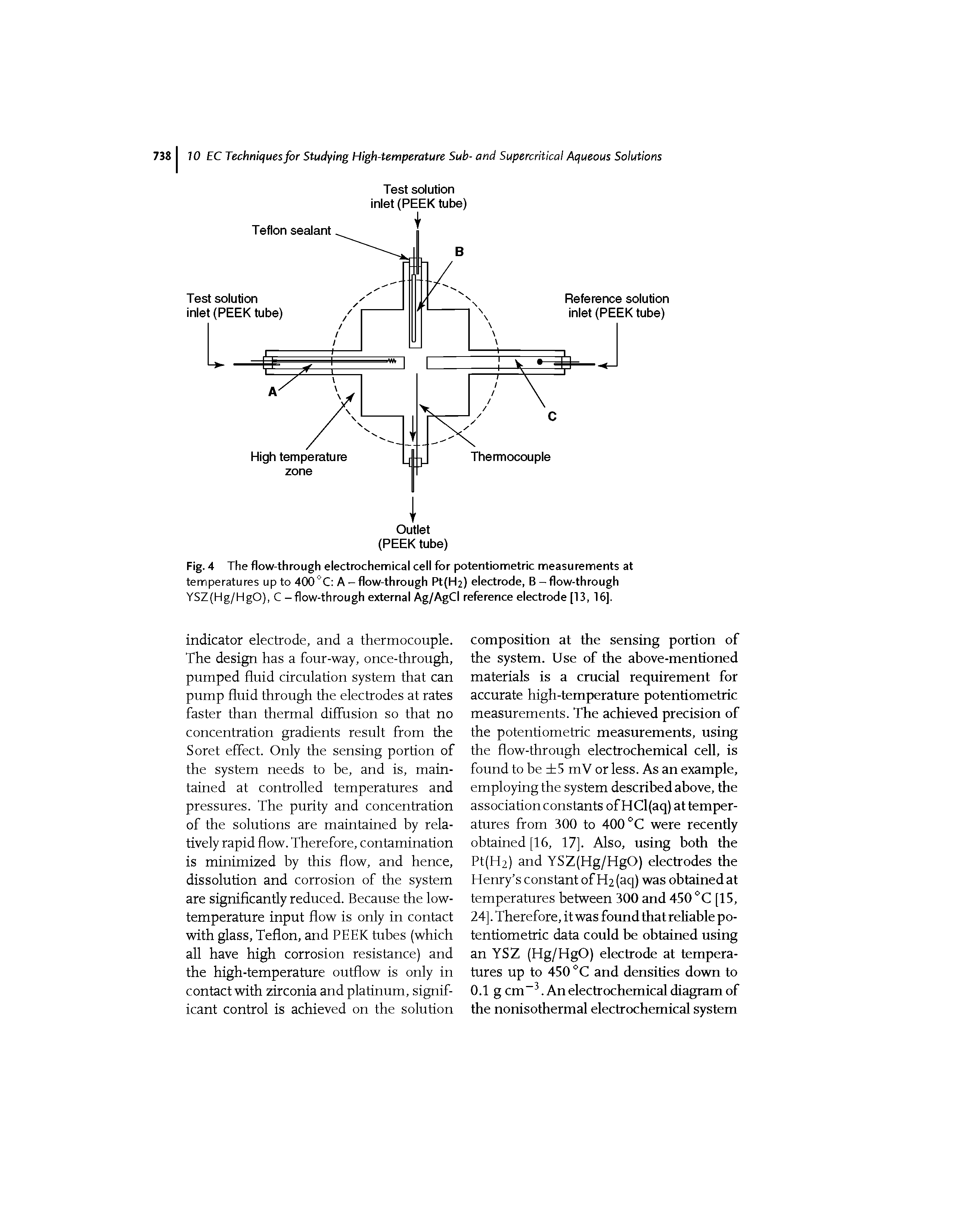 Fig. 4 The flow-through electrochemical cell for potentiometric measurements at temperatures up to 400°C A - flow-through Ptfhh) electrode, B - flow-through YSZ(Hg/HgO), C -flow-through external Ag/AgCl reference electrode [13, 16].