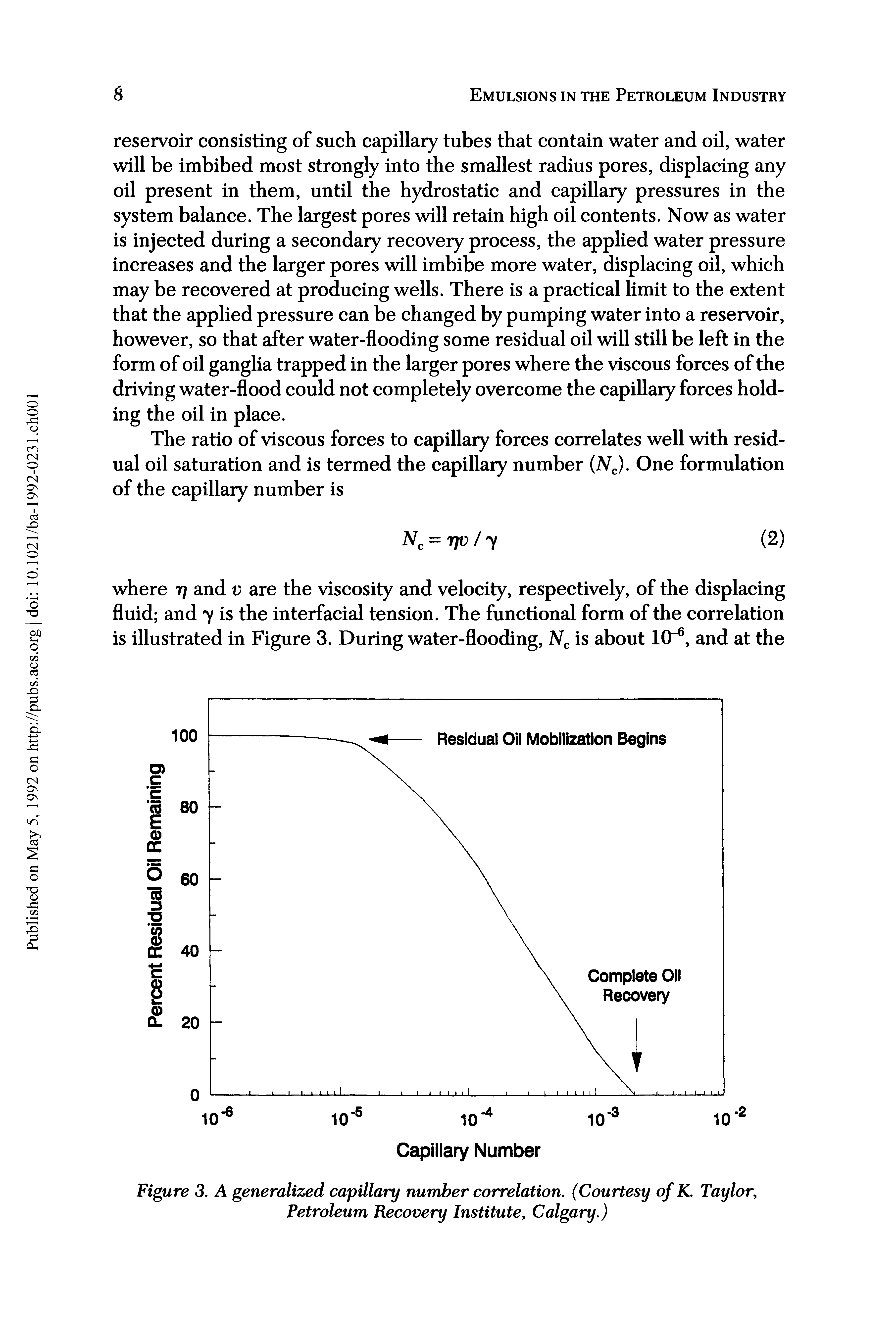 Figure 3. A generalized capillary number correlation, (Courtesy of K. Taylor, Petroleum Recovery Institute, Calgary.)...