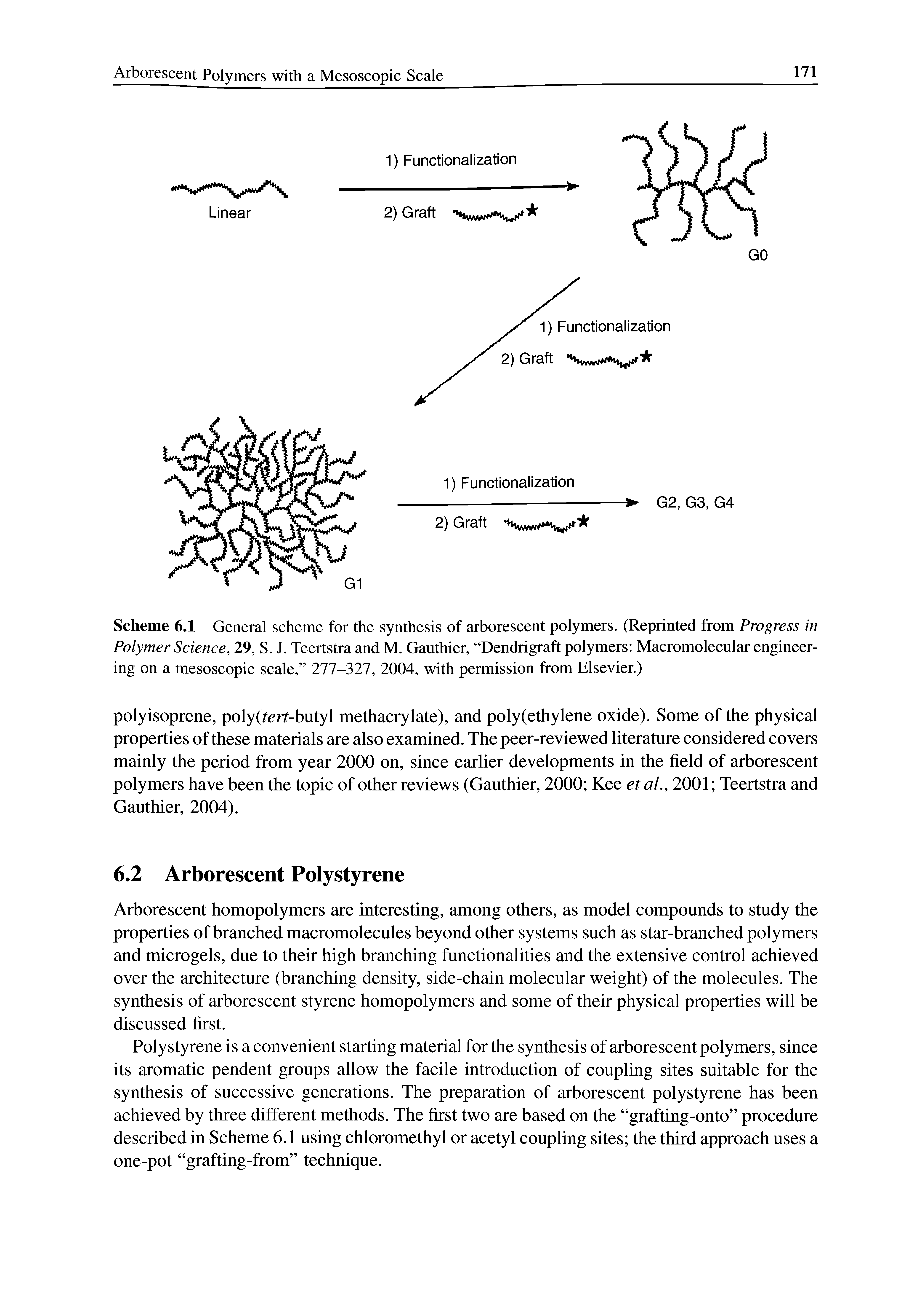 Scheme 6.1 General scheme for the synthesis of arborescent polymers. (Reprinted from Progress in Polymer Science, 29, S. J. Teertstra and M. Gauthier, Dendrigraft polymers Macromolecular engineering on a mesoscopic scale, 277-327, 2004, with permission from Elsevier.)...