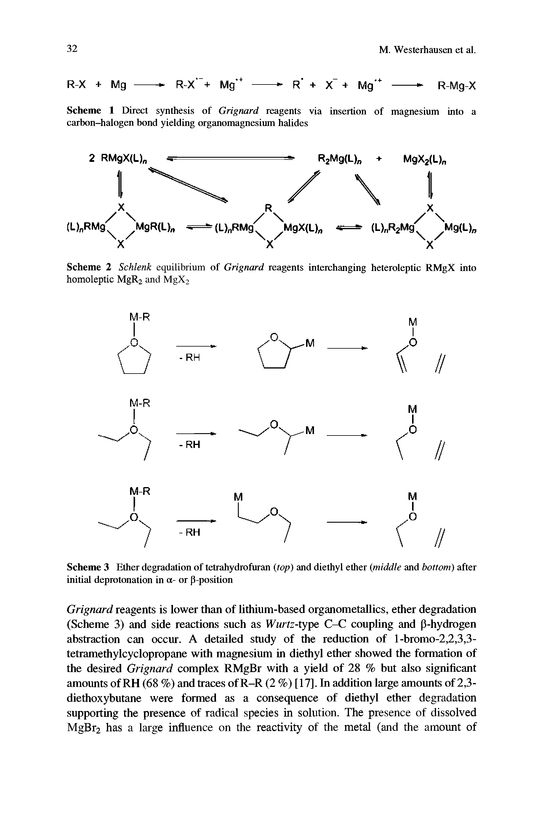 Scheme 3 Ether degradation of tetrahydrofuran (top) and diethyl ether (middle and bottom) after initial deprotonation in a- or p-position...