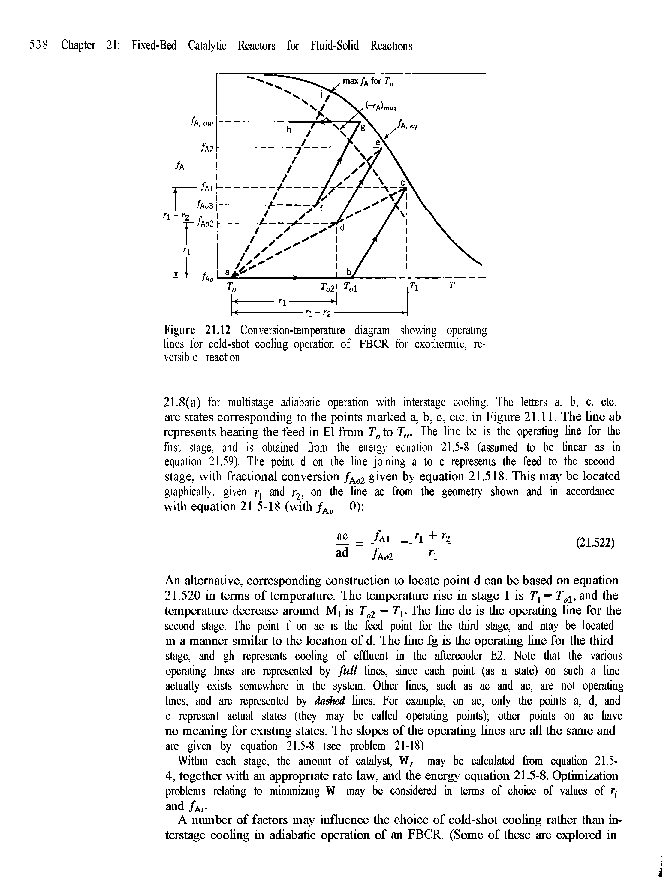 Figure 21.12 Conversion-temperature diagram showing operating lines for cold-shot cooling operation of FBCR for exothermic, reversible reaction...