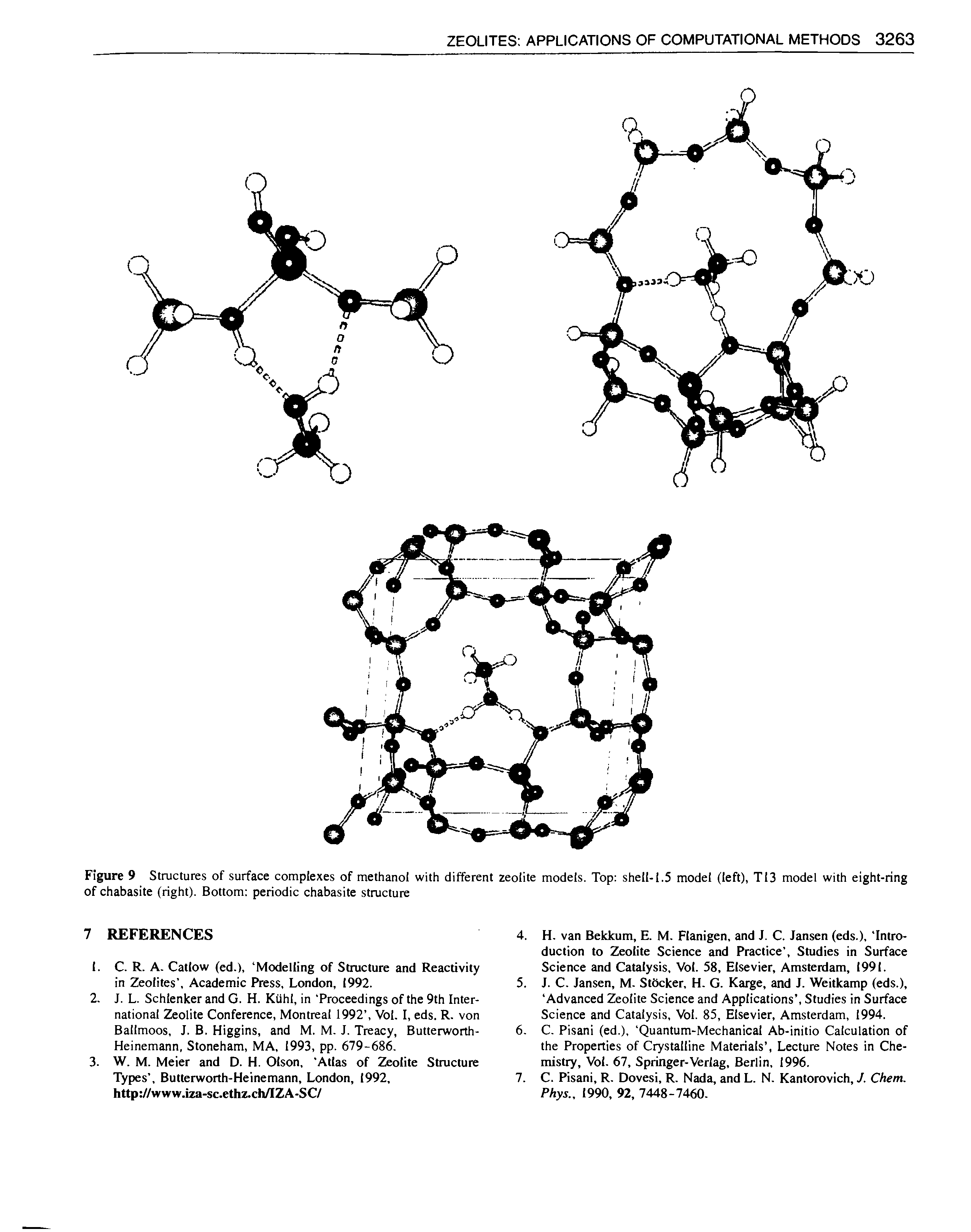 Figure 9 Structures of surface complexes of methanol with different zeolite models. Top shell-1.5 model (left), TI3 model with eight-ring of chabasite (right). Bottom periodic chabasite structure...