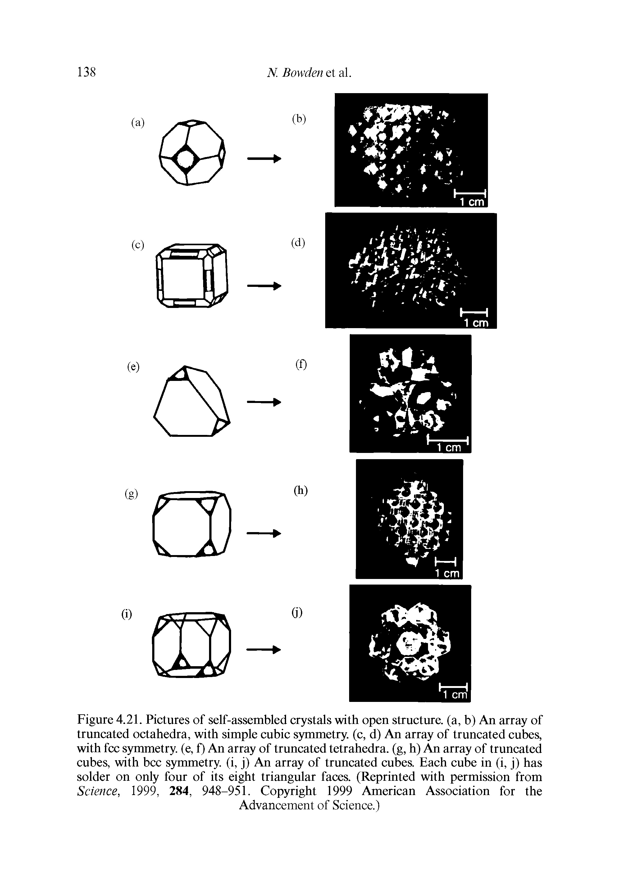 Figure 4.21. Pictures of self-assembled crystals with open structure, (a, b) An array of truncated octahedra, with simple cubic symmetry, (c, d) An array of truncated cubes, with fee symmetry, (e, f) An array of truncated tetrahedra. (g, h) An array of truncated cubes, with bcc symmetry, (i, j) An array of truncated cubes. Each cube in (i, j) has solder on only four of its eight triangular faces. (Reprinted with permission from Science, 1999, 284, 948-951. Copyright 1999 American Association for the...