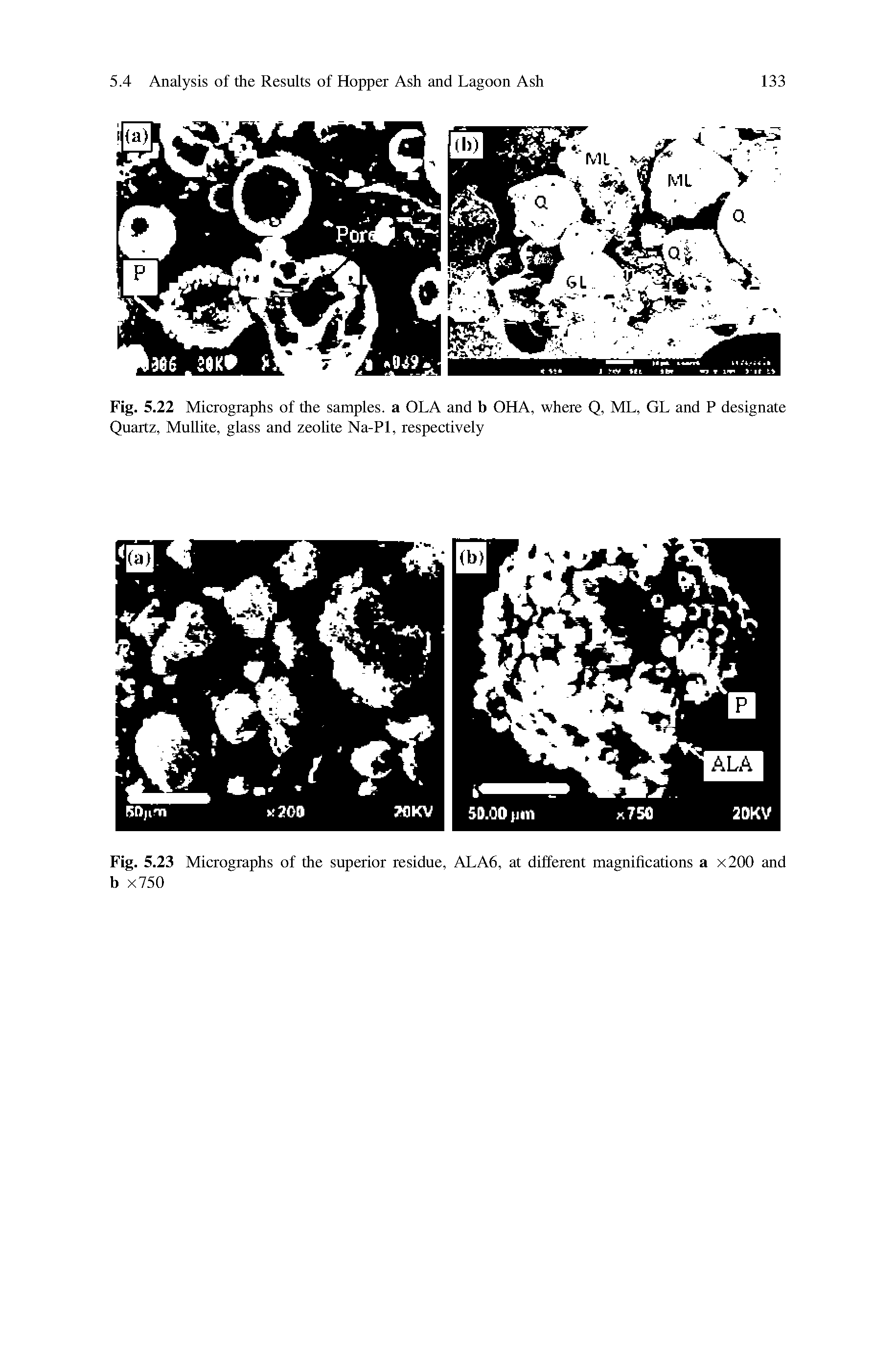 Fig. 5.22 Micrographs of the samples, a OLA and b OHA, where Q, ML, GL and P designate Quartz, Mullite, glass and zeolite Na-Pl, respectively...