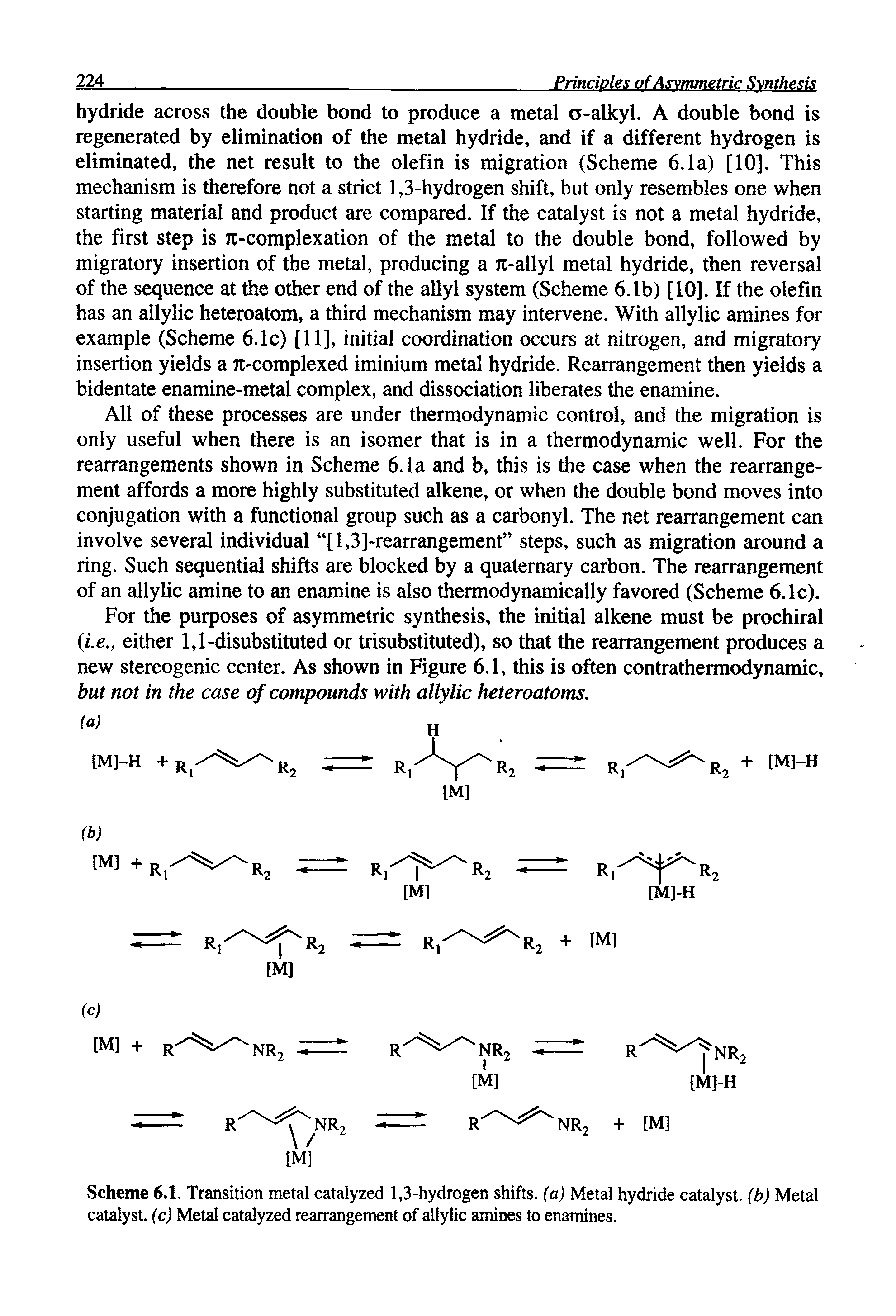 Scheme 6.1. Transition metal catalyzed 1,3-hydrogen shifts, (a) Metal hydride catalyst, (b) Metal catalyst, (c) Metal catalyzed rearrangement of allylic amines to enamines.