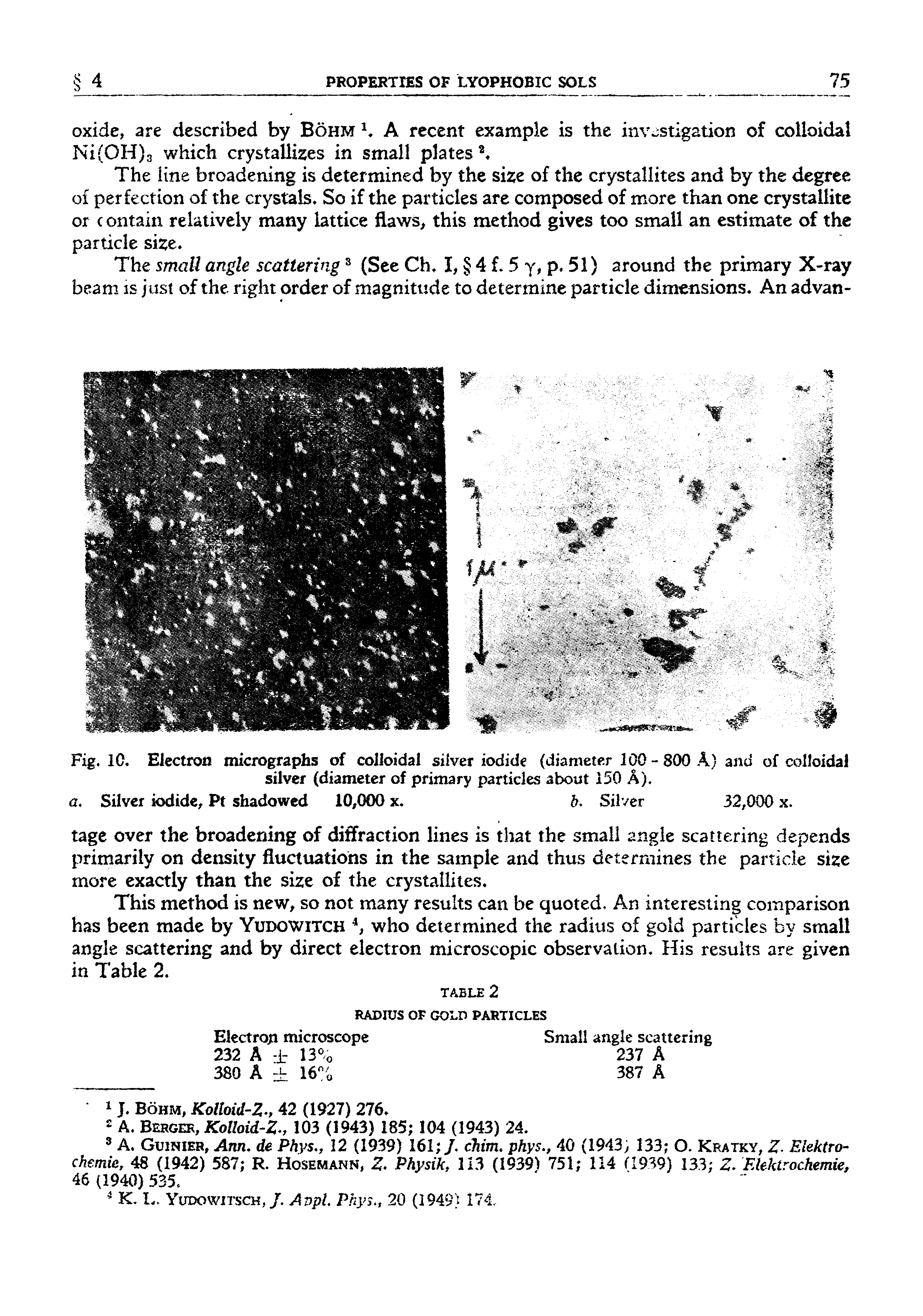 Fig. 10. Electron micrographs of colloidal silver iodide (diameter 100 - 800 A) and of colloidal silver (diameter of primary particles about 150 A), a. Silver iodide Pt shadowed 10,000 x. b. Silver 32,000 x.