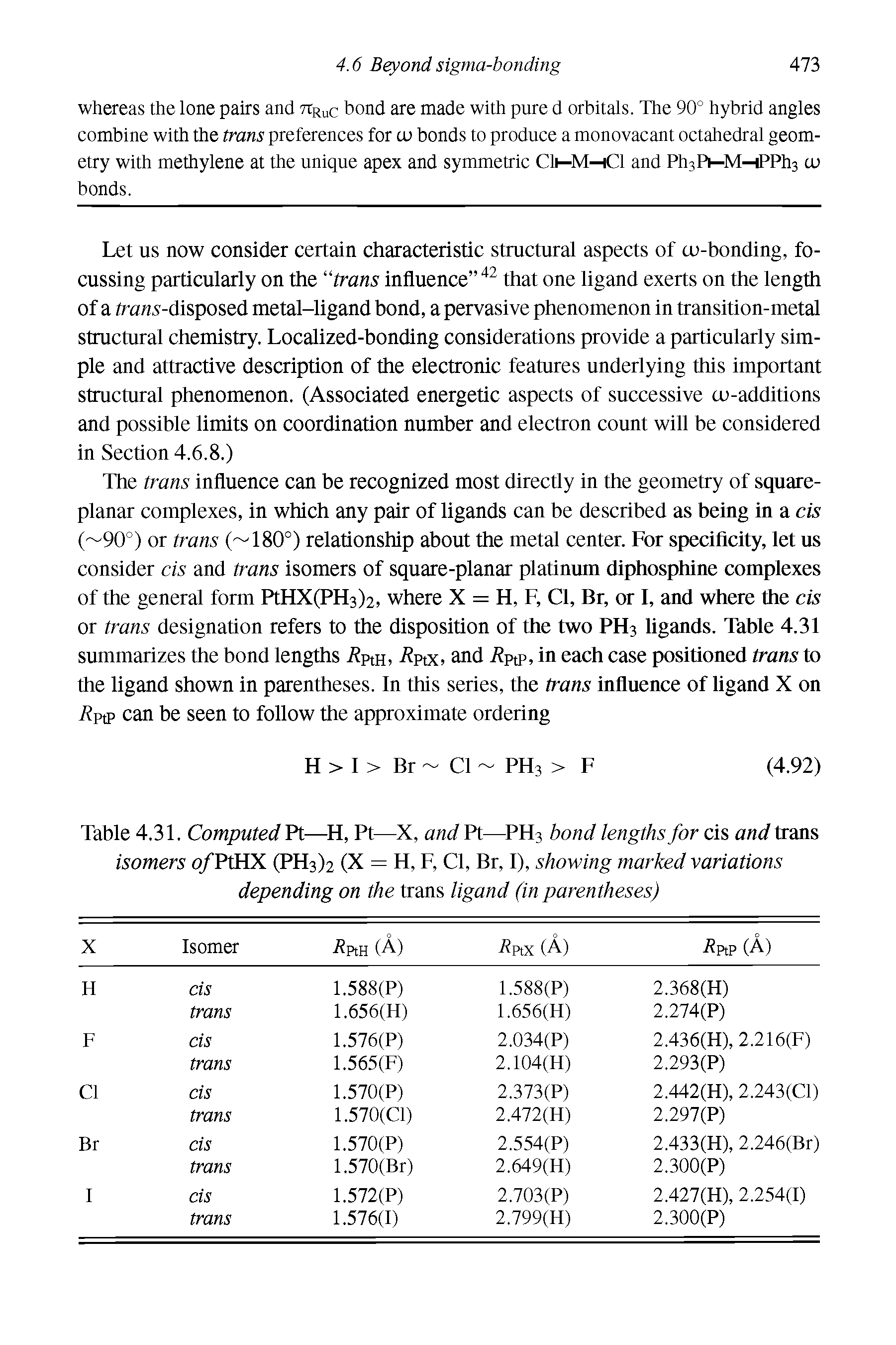 Table 4.31. Computed Pt—H, Pt—X, and Pt—PIT bond lengths for cis and trans isomers o/PtHX (PH3)2 (X = H, F, Cl, Br, I), showing marked variations depending on the trans ligand (in parentheses)...