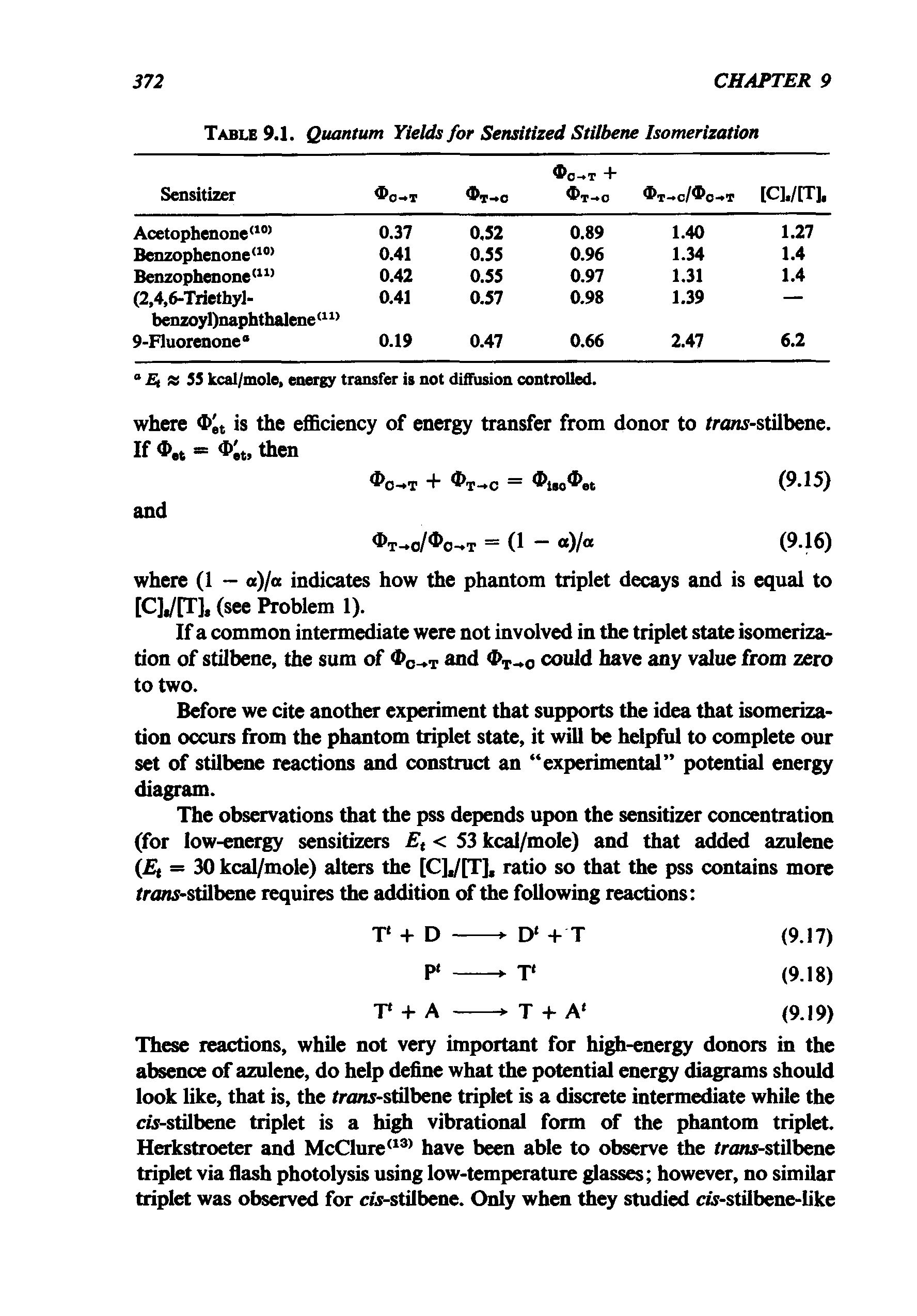 Table 9.1. Quantum Yields for Sensitized Stilbene Isomerization...