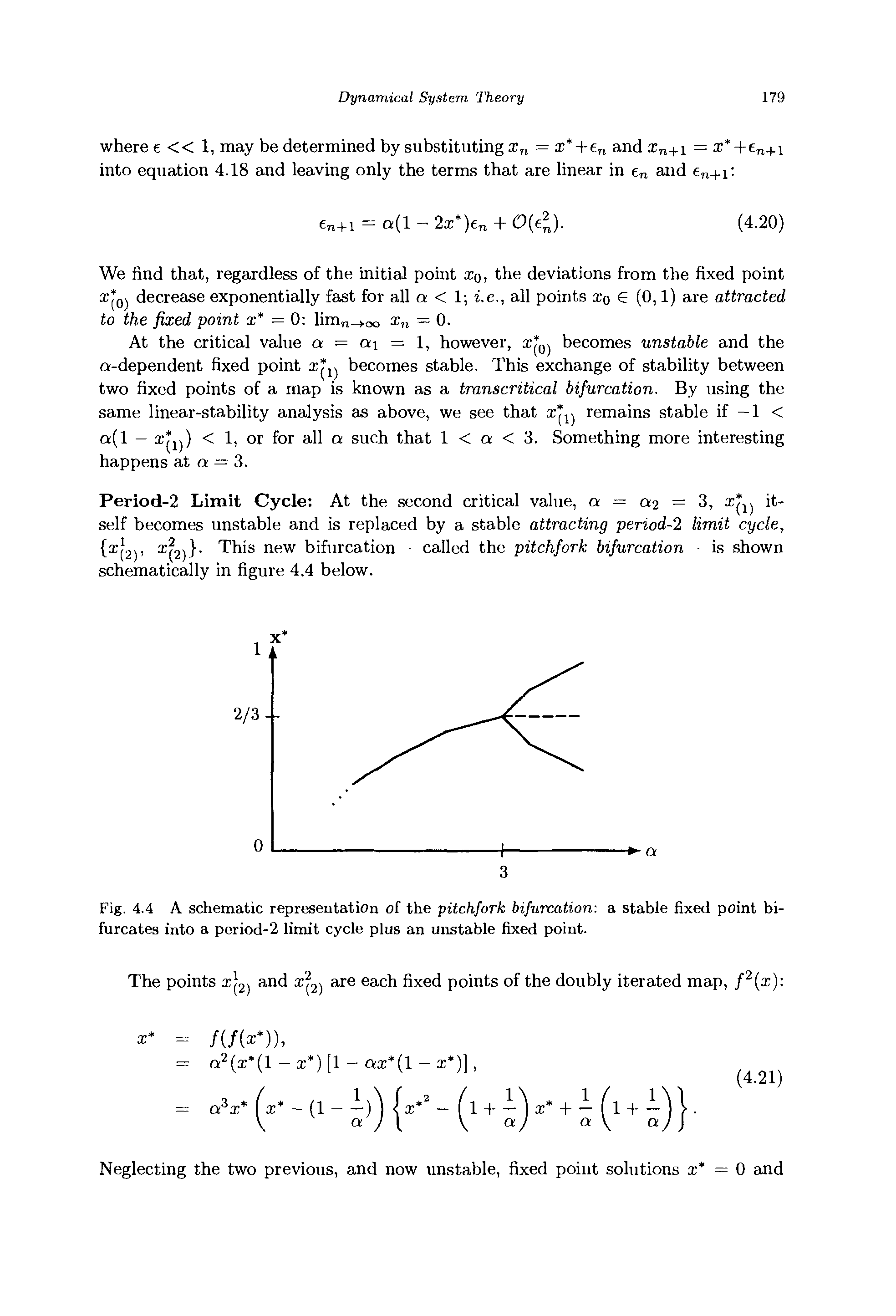 Fig. 4.4 A schematic representation of the pitchfork bifurcation a stable fixed point bifurcates into a period-2 limit cycle plus an unstable fixed point.