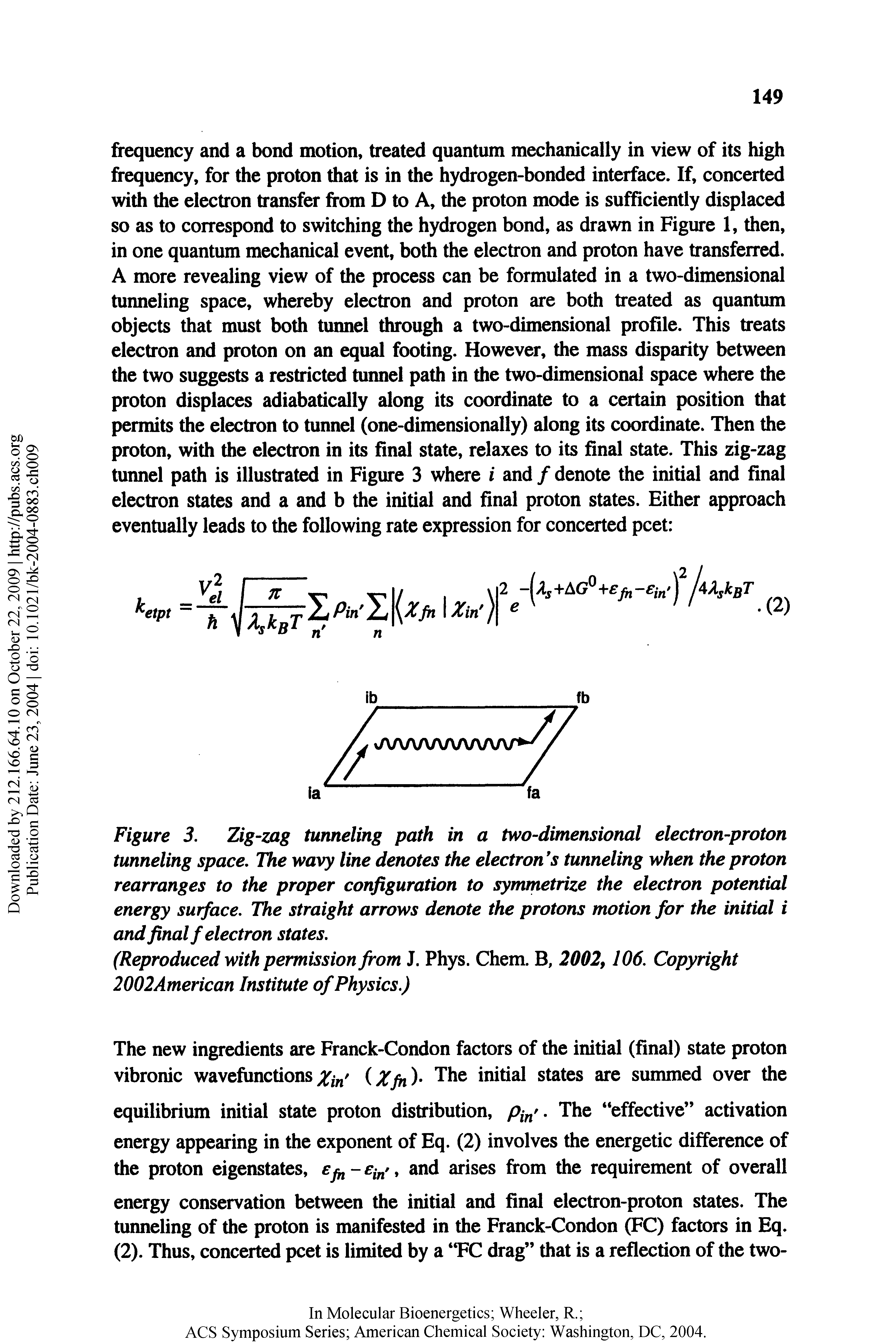 Figure 3. Zig-zag tunneling path in a two-dimensional electron-proton tunneling space. The wavy line denotes the electron s tunneling when the proton rearranges to the proper configuration to symmetrize the electron potential energy surface. The straight arrows denote the protons motion for the initial i and final f electron states,...