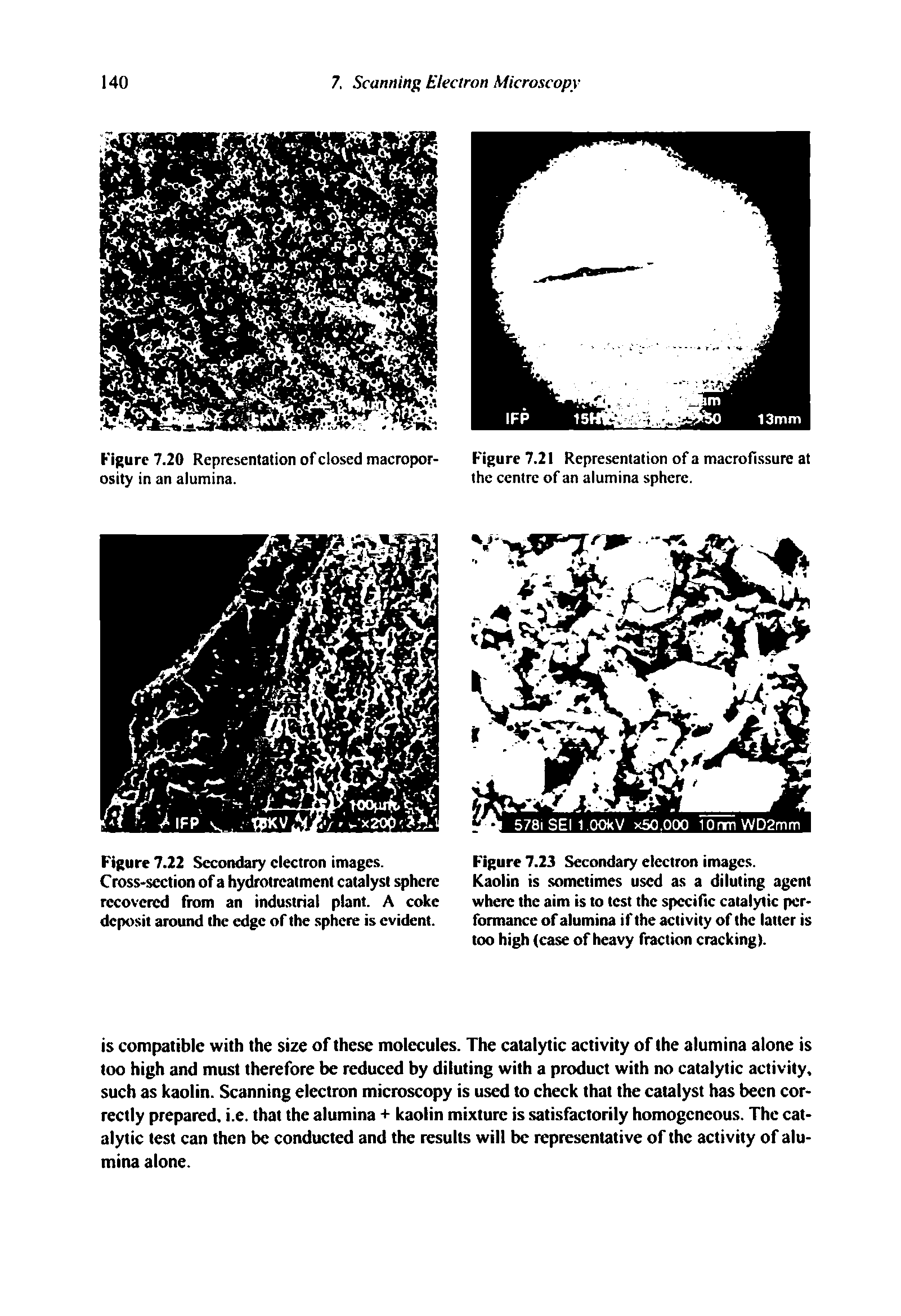 Figure 7.22 Secondary electron images. Cross-section of a hydrotreatment catalyst sphere recovered from an industrial plant. A coke deposit around the edge of the sphere is evident.