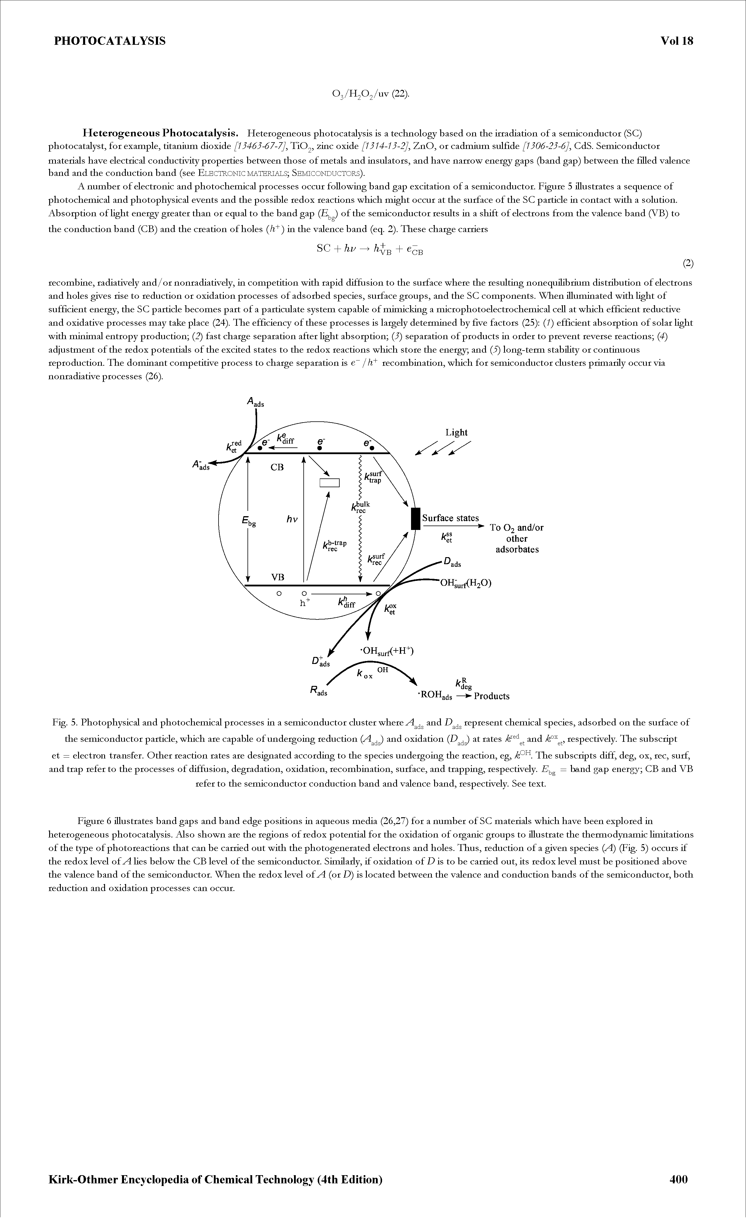 Fig. 5. Photophysical and photochemical processes in a semiconductor cluster whereand represent chemical species, adsorbed on the surface of the semiconductor particle, which are capable of undergoing reduction and oxidation at rates and respectively. The subscript...