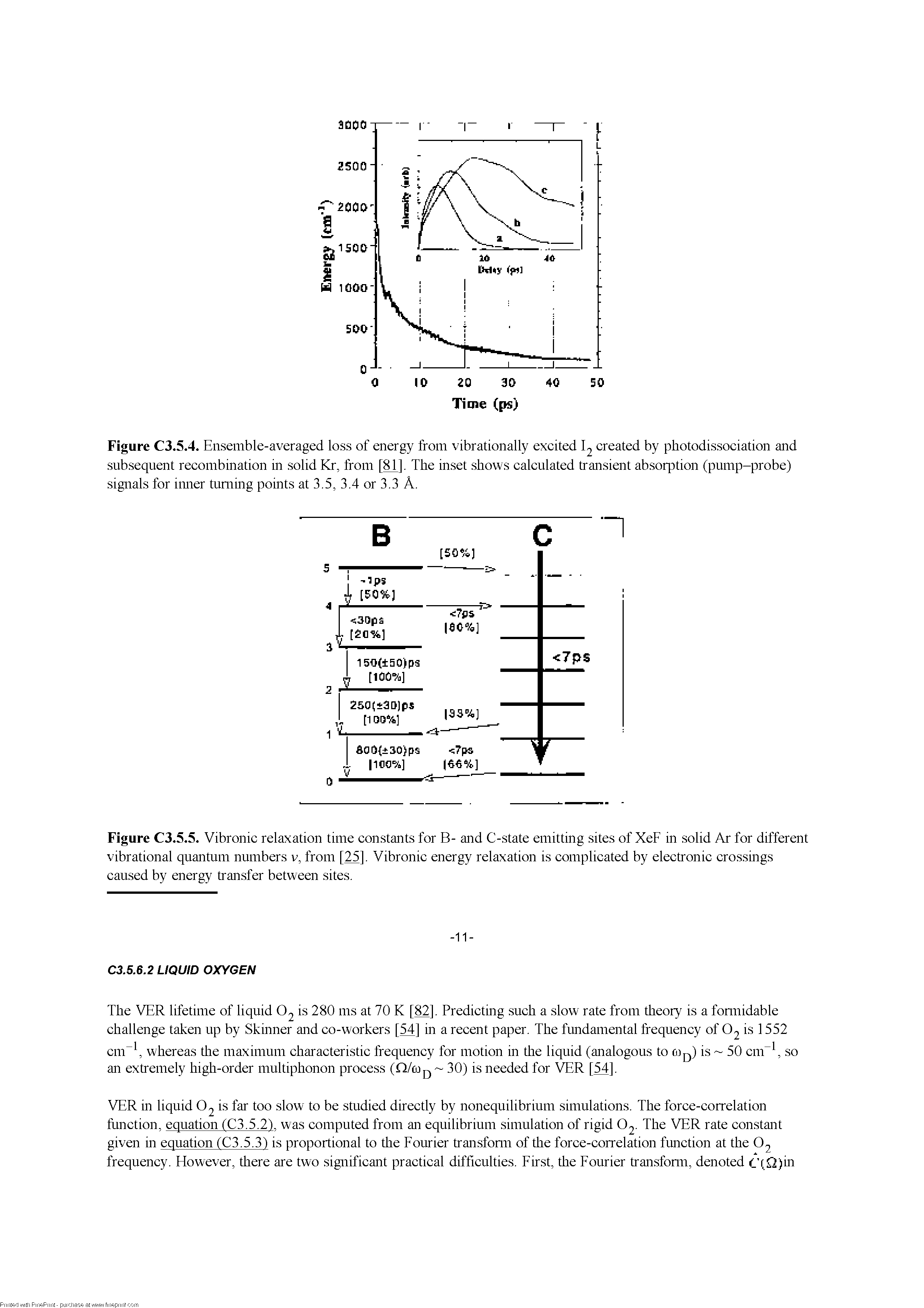 Figure C3.5.5. Vibronic relaxation time constants for B- and C-state emitting sites of XeF in solid Ar for different vibrational quantum numbers v, from [25]. Vibronic energy relaxation is complicated by electronic crossings caused by energy transfer between sites.