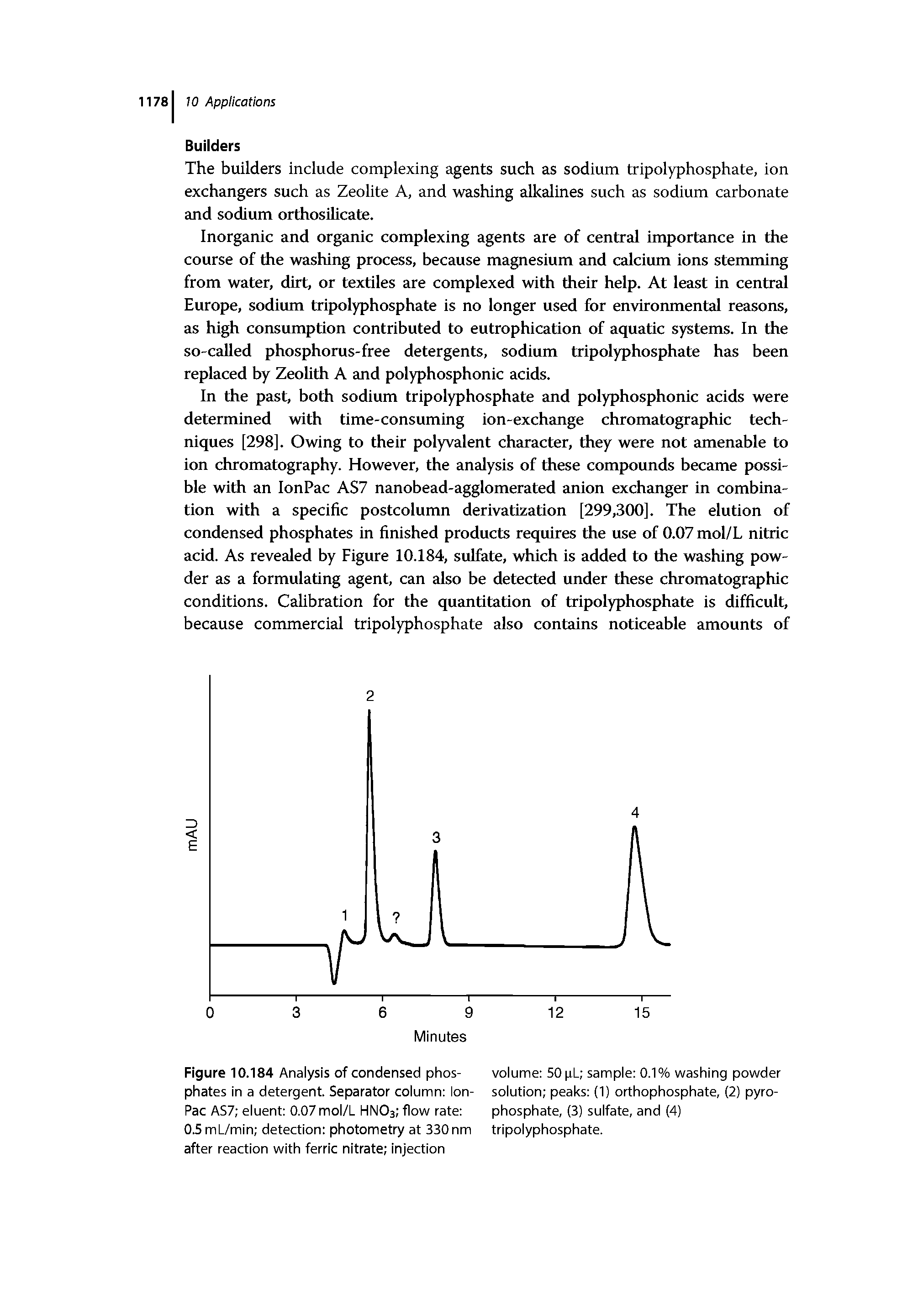 Figure 10.184 Analysis of condensed phos- volume 50 pL sample 0.1% washing powder phates in a detergent. Separator column Ion- solution peaks (1) orthophosphate, (2) pyro-Pac AS7 eluent 0.07 mol/L HNO3 flow rate phosphate, (3) sulfate, and (4)...