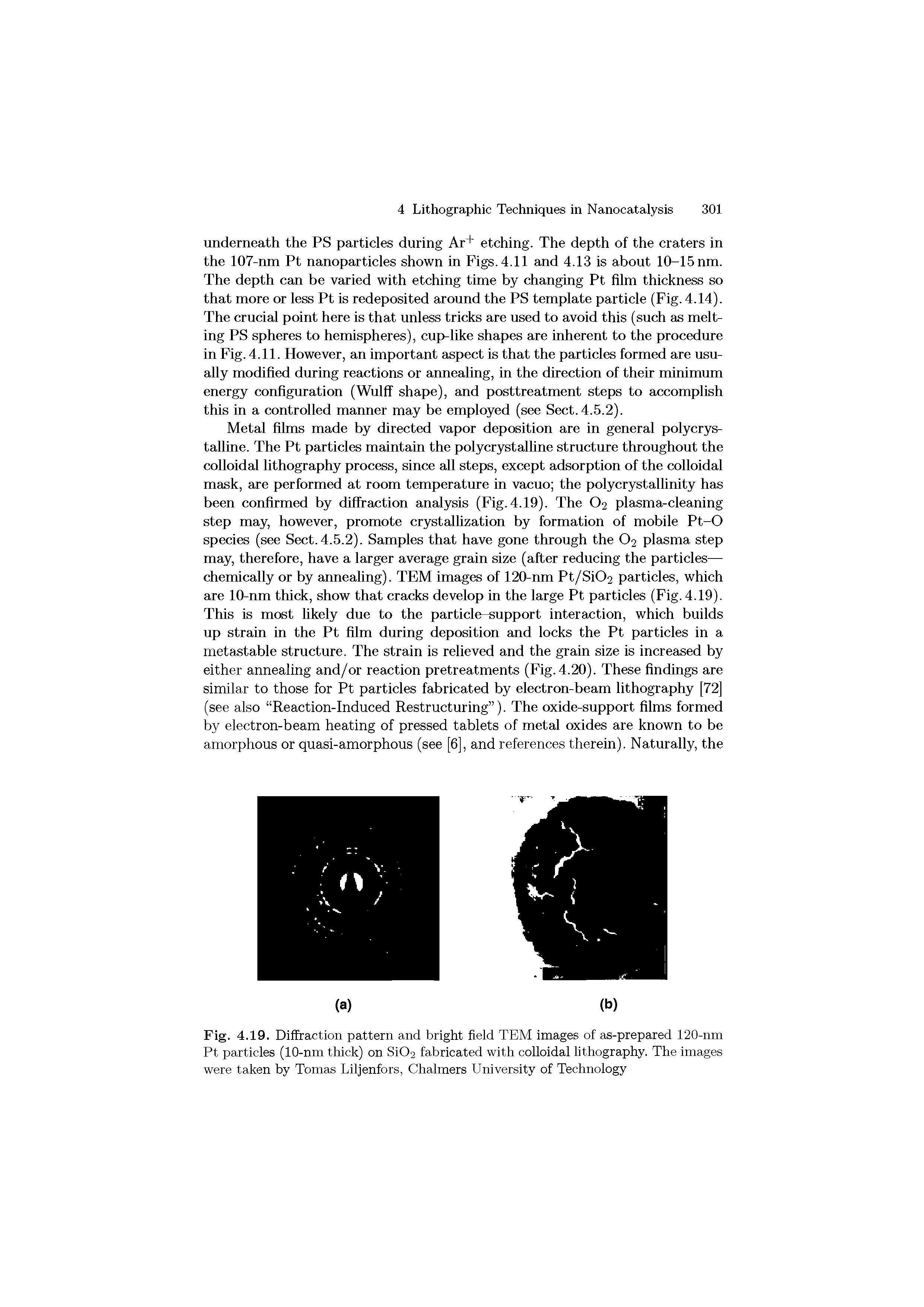 Fig. 4.19. Diffraction pattern and bright field TEM images of as-prepared 120-nm Pt particles (10-nm thick) on Si02 fabricated with colloidal lithography. The images were taken by Tomas Liljenfors, Chalmers University of Technology...