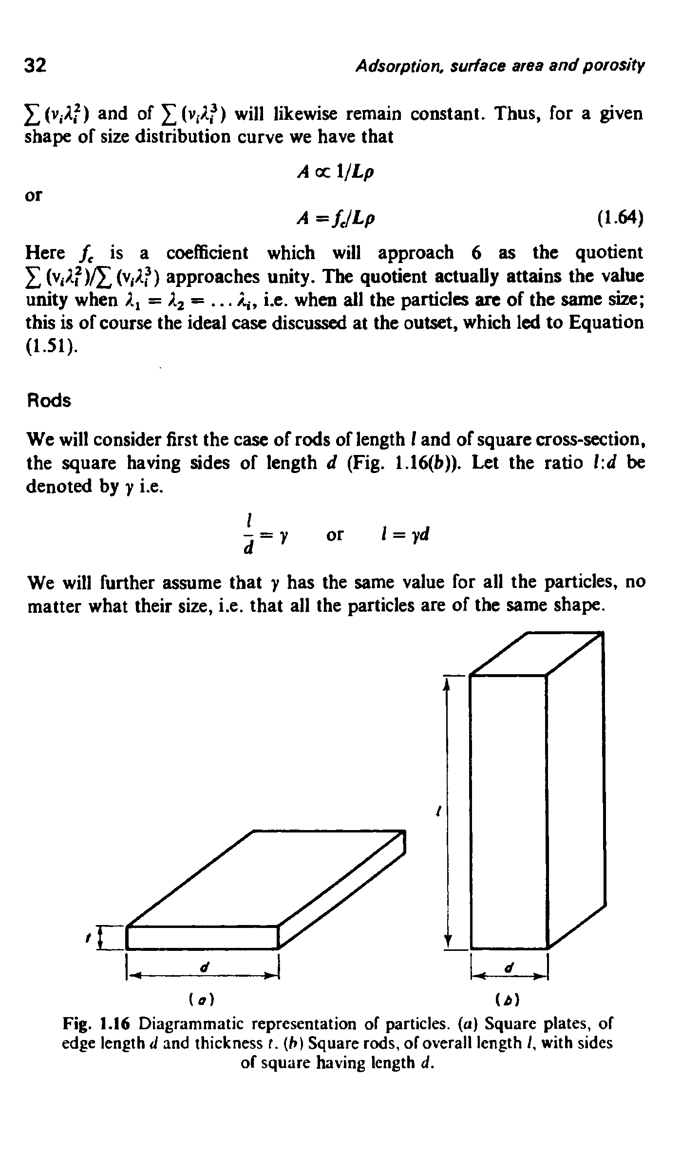 Fig. 1.16 Diagrammatic representation of particles, (a) Square plates, of edge length J and thickness t. (h) Square rods, of overall length /, with sides of square having length d.