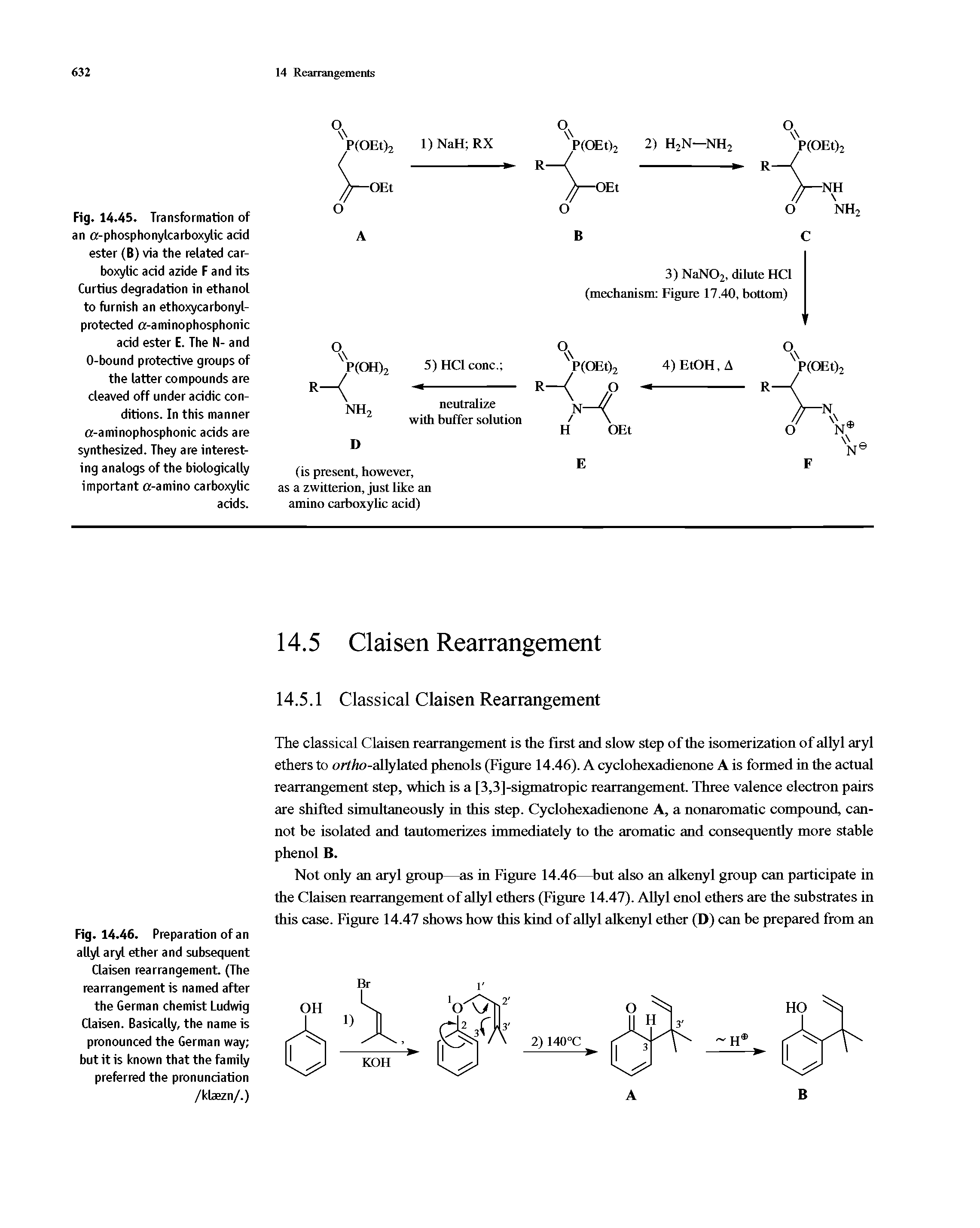 Fig. 14.45. Transformation of an a-phosphonylcarboxylic acid ester (B) via the related carboxylic acid azide F and its Curtius degradation in ethanol to furnish an ethoxycarbonyl-protected a-aminophosphonic acid ester E. The N- and 0-bound protective groups of the latter compounds are cleaved off under acidic conditions. In this manner a-aminophosphonic acids are synthesized. They are interesting analogs of the biologically important a-amino carboxylic acids.