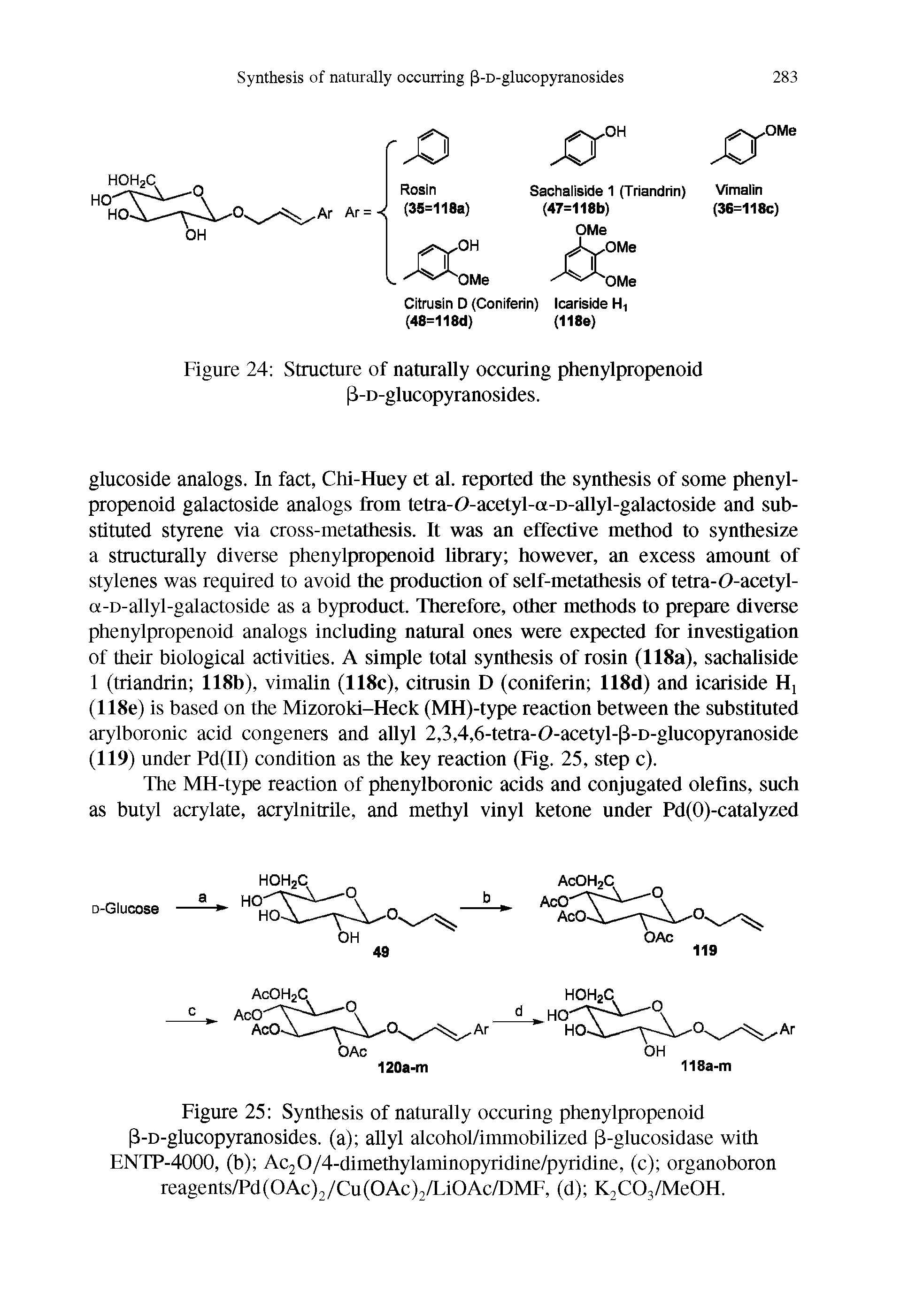 Figure 25 Synthesis of naturally occuring phenylpropenoid (3-D-glucopyranosides. (a) allyl alcohol/immobilized (3-glucosidase with ENTP-4000, (b) Ac20/4-dimethylaminopyridine/pyridine, (c) organoboron reagents/Pd(OAcyCu(OAc)2/LiOAc/DMF, (d) K2C03/Me0H.