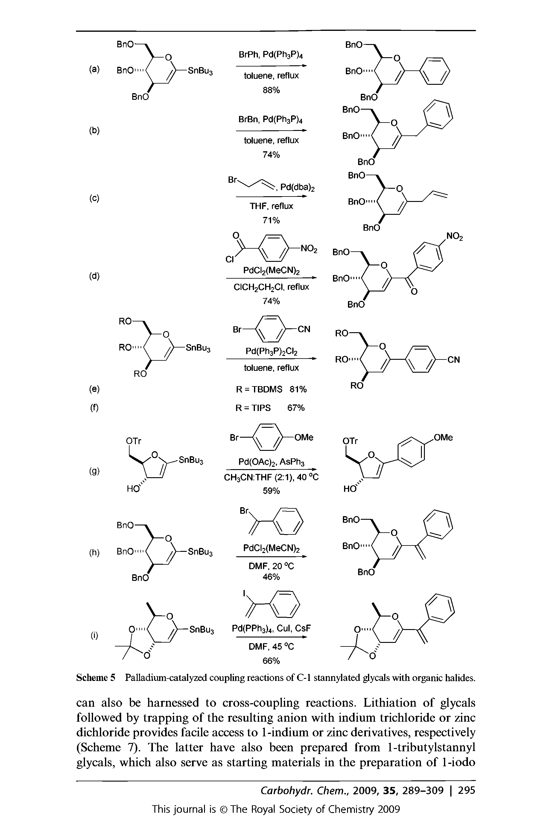 Scheme 5 Palladium-catalyzed coupling reactions of C-l stannylated glycals with organic halides.