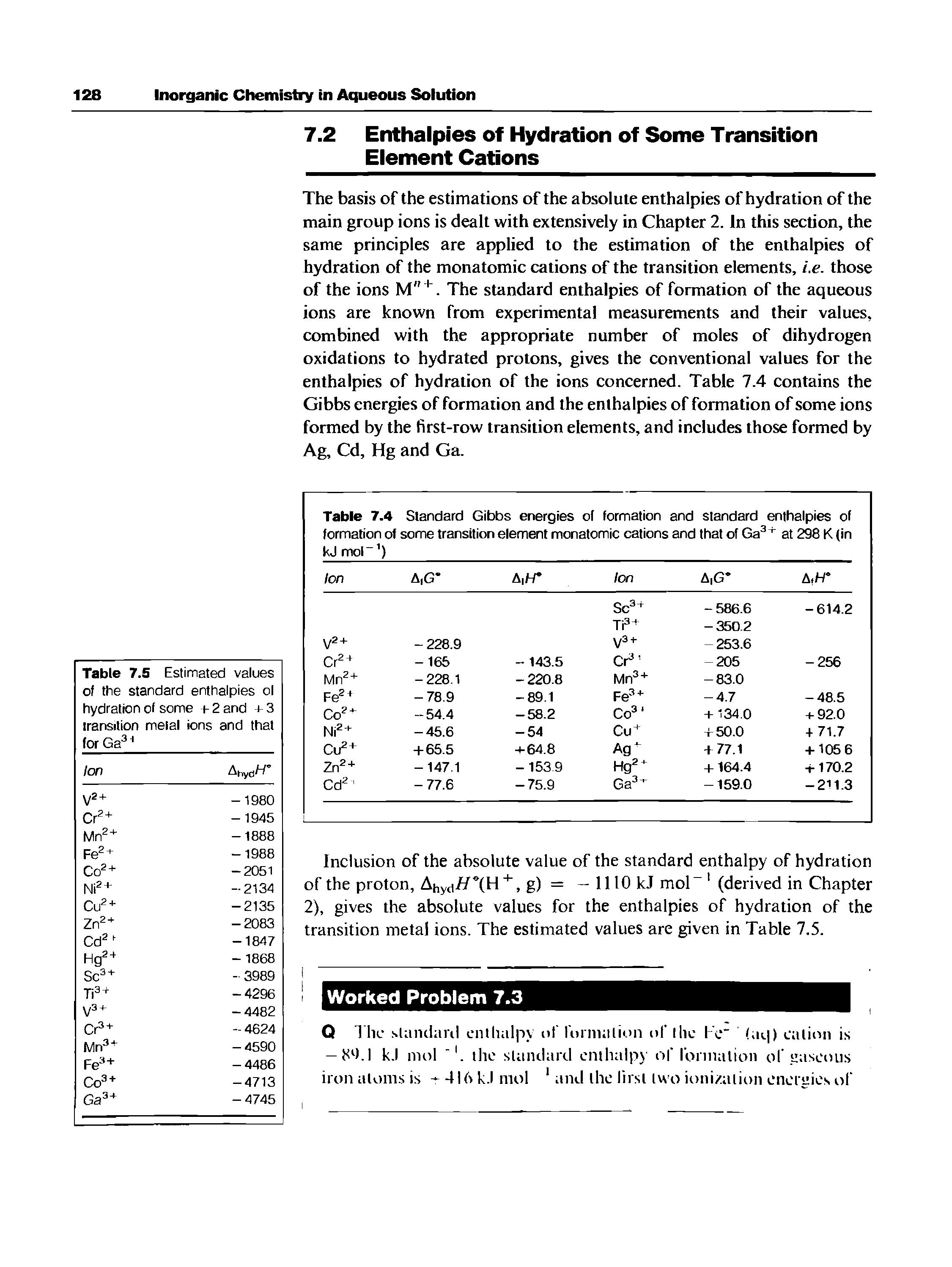 Table 7.4 Standard Gibbs energies of formation and standard enthalpies of formation of some transition element monatomic cations and that of Ga3+ at 298 K (in kJ mol 1) ...