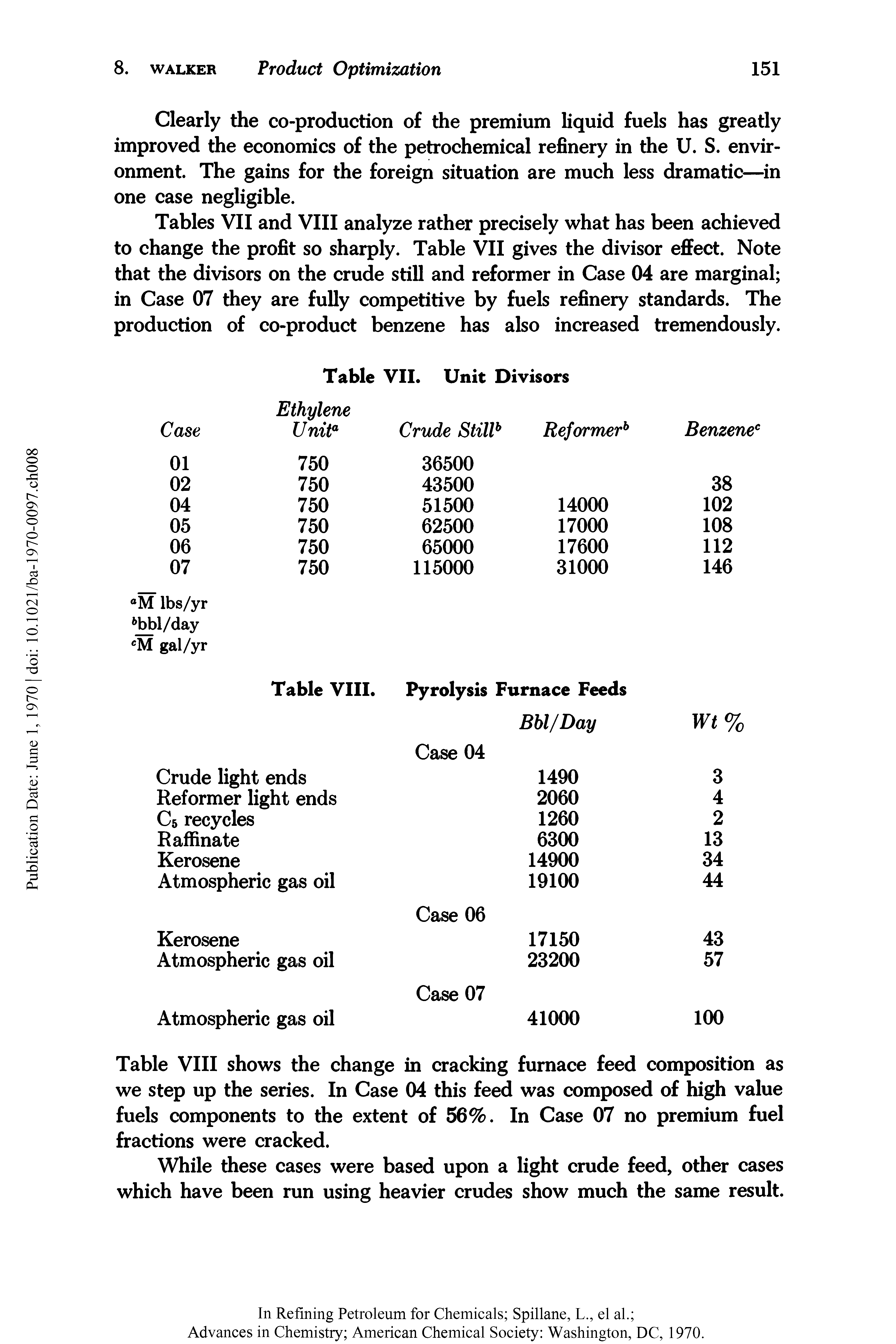 Tables VII and VIII analyze rather precisely what has been achieved to change the profit so sharply. Table VII gives the divisor effect. Note that the divisors on the crude still and reformer in Case 04 are marginal in Case 07 they are fully competitive by fuels refinery standards. The production of co-product benzene has also increased tremendously.